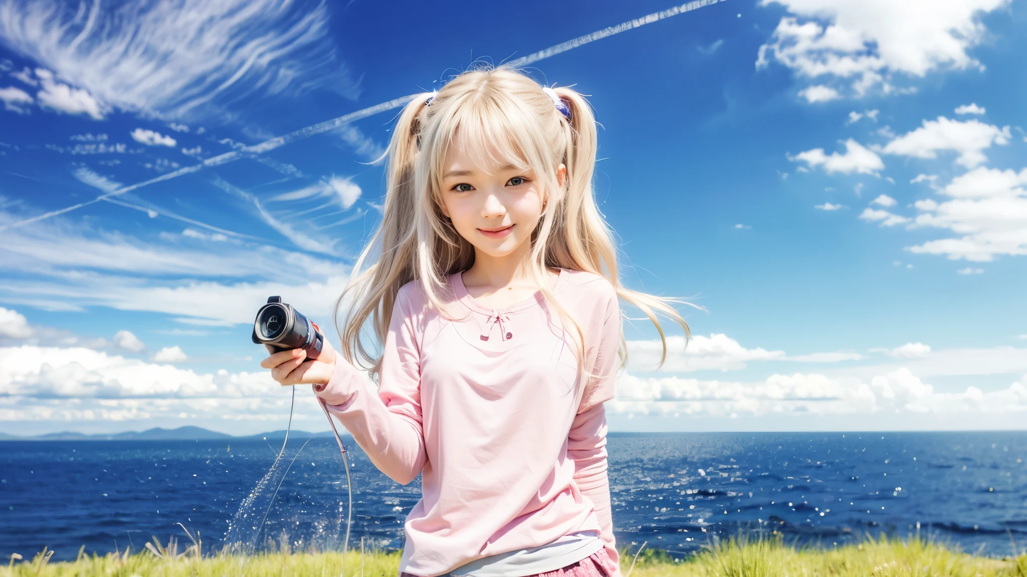 Nao tomori, charlotte, girl, twenies, silver long hair, friendly smiling, pink shirt, holding handycam