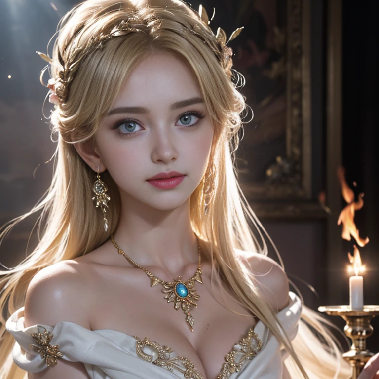 masterpiece，Highest image quality，Super details，best quality ,extremely delicate and beautiful, Very detailed,best quality, official art, Extremely detailed CG unified 8k wallpaper, Ana de Armas portrait photo, Blonde hair with black pupils，shiny skin,  (beautiful eyes:1.1), beautiful skin, big watery eyes，(detailed lighting:1.2), (Beautiful and detailed light:1.3),The noble goddess wearing the flame robe，Intricate Flame Shroud Details，Gorgeous and complex hollow ultra-thin flame dress，Beautiful udder, The most perfect breast shape，firm breast，Deep cleavage，Naked of breast，complex, digital drawing, Smooth, sharp focus, end of the world, epic reality, (high dynamic range:1.4), (pastel colors:1.4), Revelation，Bright colors, screen space refraction, (intricate details, Super detailed:1.3), art station, lens, complex background, buliding，Beautiful smile，The most beautiful look，Dreamcatcher earrings，The best look，beautiful goddess of fire，