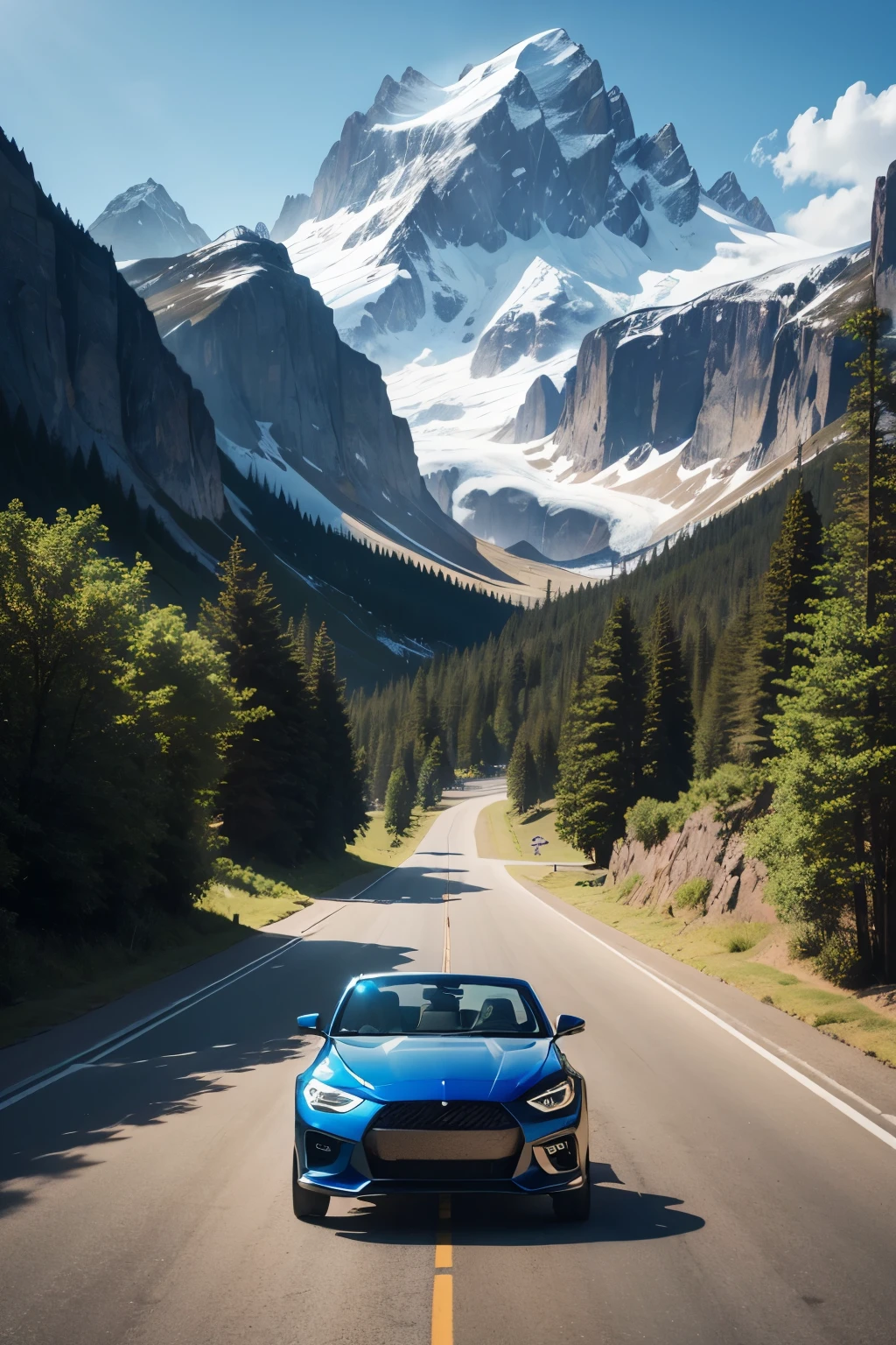 Amidst the breathtaking expanse of a mountain range, a vibrant blue convertible is elegantly parked, its shiny surface reflecting the brilliant sunrays. The vehicle, with its focus on sophistication and freedom, perfectly contrasts the raw, rugged beauty of the towering peaks and the serene tranquility of the surrounding landscape. The driveway leading up to the mountains invites adventurous souls to explore the hidden wonders that await beyond.