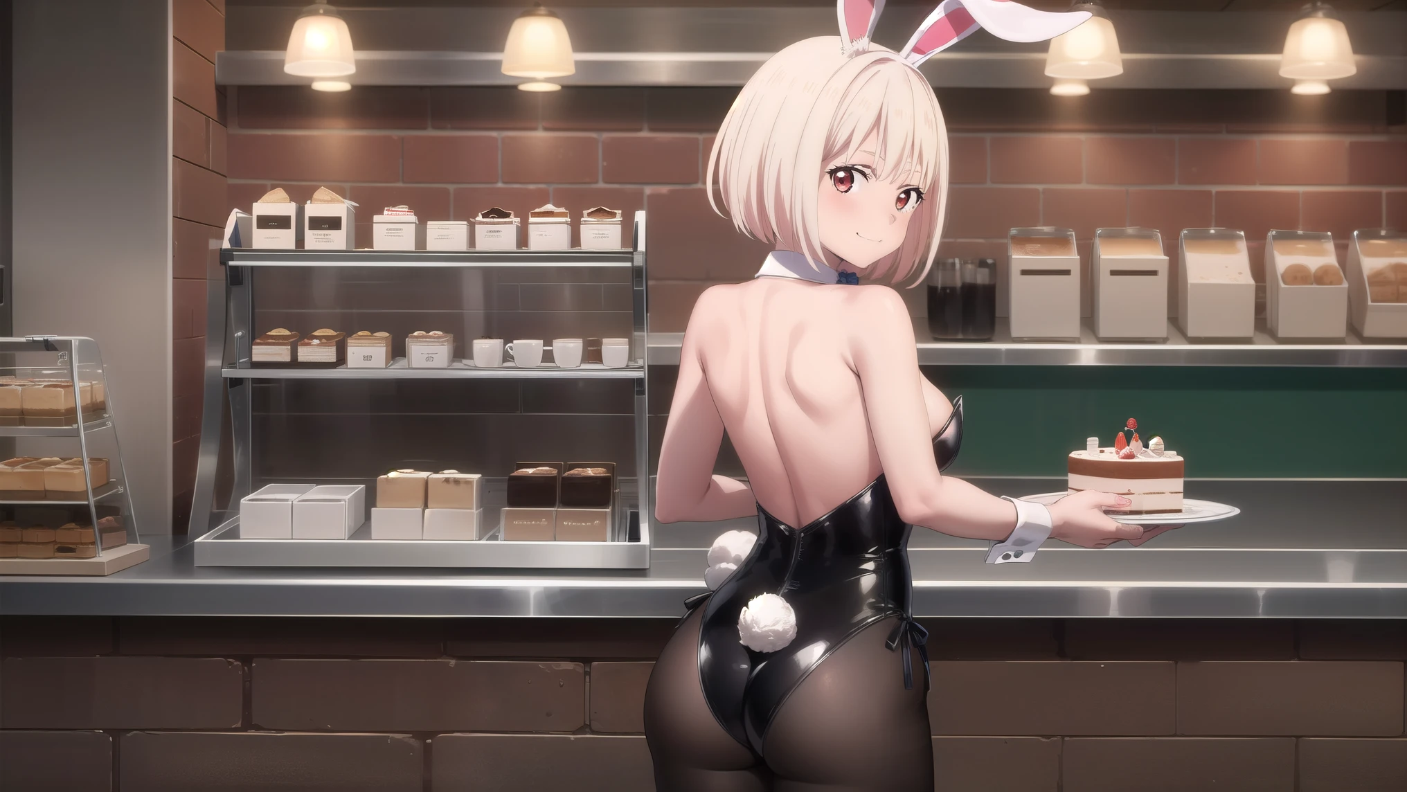 masterpiece, best quality, solo, 1girl, chisato nishikigi, looking at viewer, light smile, closed mouth, blush, embarrassed, medium breasts, playboy bunny, rabbit ears, black pantyhose, red bowtie, wrist cuffs, black leotard, holding tray, cake, cafe, coffee, standing, from behind, nice ass, cafe shop, full body