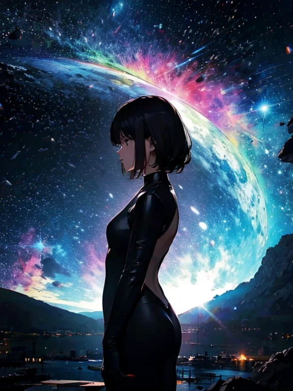 Girl, cloud, colorful, masterpiece, galaxy background、(girl silhouette)、body suit
