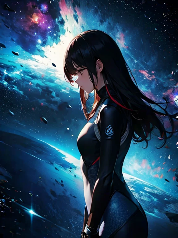 Girl, cloud, colorful, masterpiece, galaxy background、(silhouette)、body suit