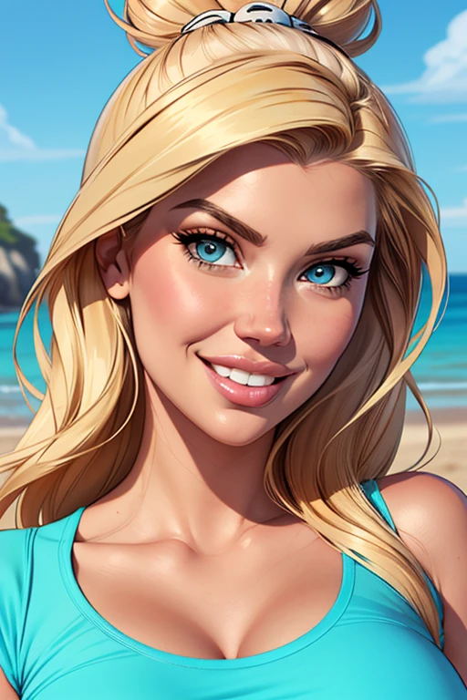 (cartoon style:1.2), Drawings of ([Jessica Simpson, Kate Upton, Kim Kardashian]), wearing a designed t-shirt, smile, perfect eyes, detailed face, seaside background, fun posing, flirty look, 