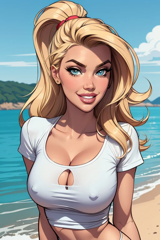 (cartoon style:1.2), Drawings of ([Jessica Simpson, Kate Upton, Kim Kardashian]), wearing a designed t-shirt, smile, perfect eyes, detailed face, seaside background, fun posing, flirty look, 