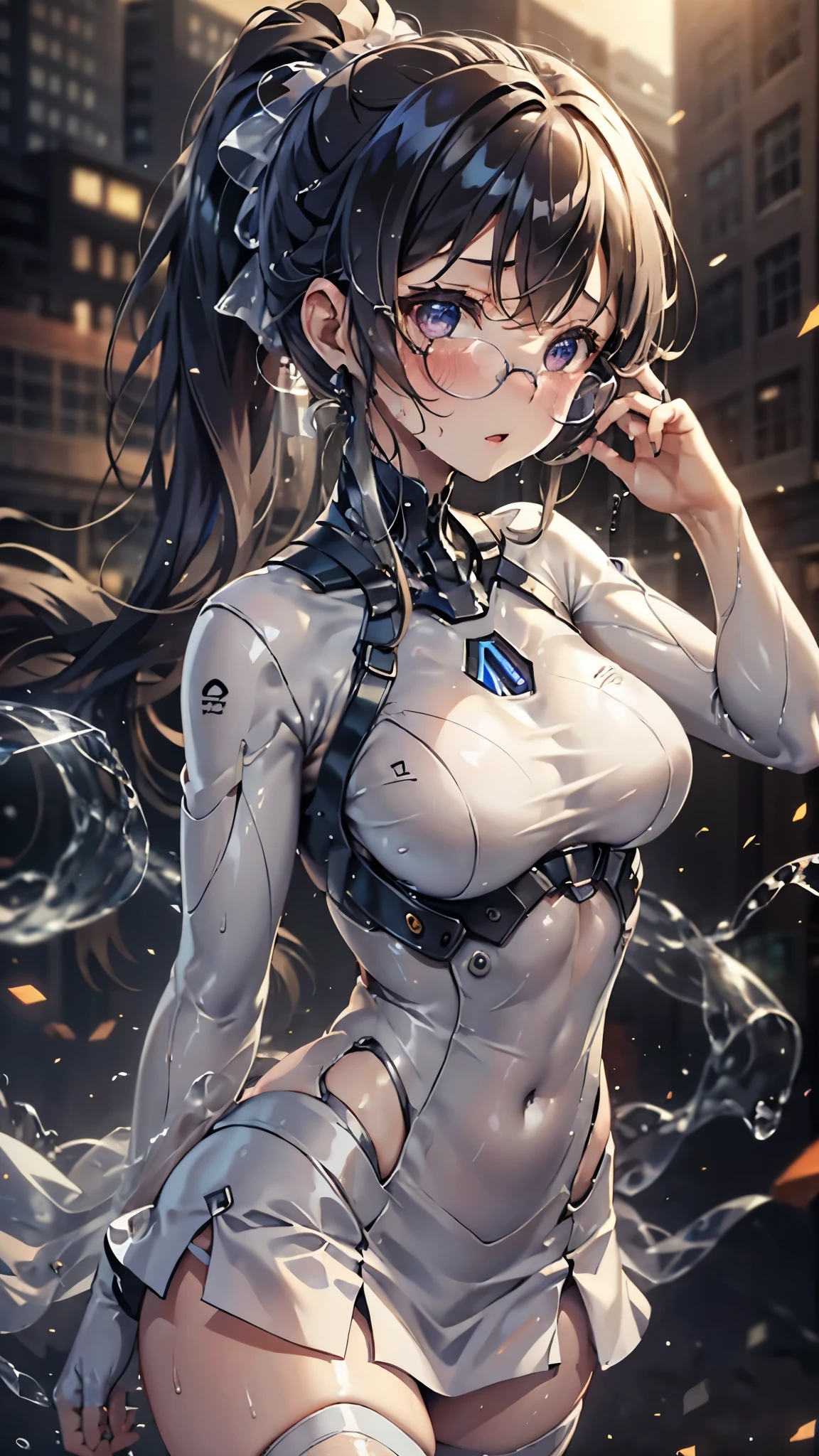woman,,,city,night,(((white tight miniskirt bodysuit))),(wet with sweat),open mouth smile((See-through))glasses,((beautiful long ponytail)),((Baby girl bo),blush、surprised face