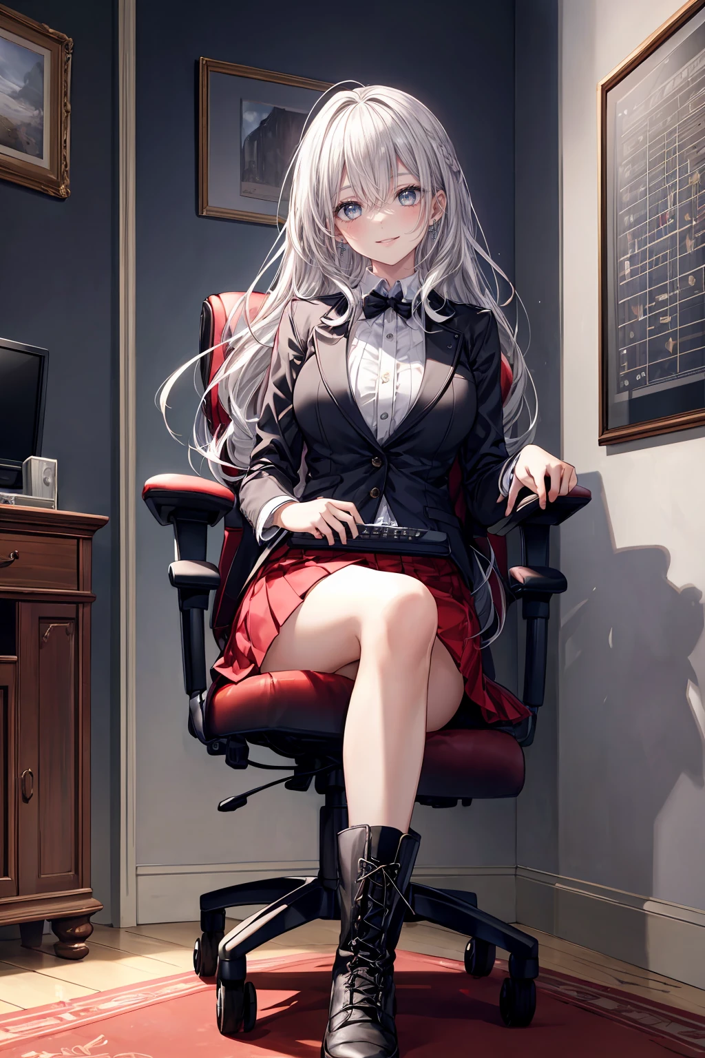 ((8Kmasterpiece,highest quality)), ultra high resolution, (masterpiece: 1.4), hyper detail, (((1 girl))),beautiful and delicate eyes,golden eyes,Big eyes,shining eyes of light,Thin and long eyelashes,detailed light,beautiful face,((silver hair)),((long hair)),In a white suit,Black high-cut boots,DTM,PC,Composing music,keyboard,guitar,Gaming Room,sitting cross-legged on a gaming chair,fearless smile,looking at the viewer, slender body chest,(very big )