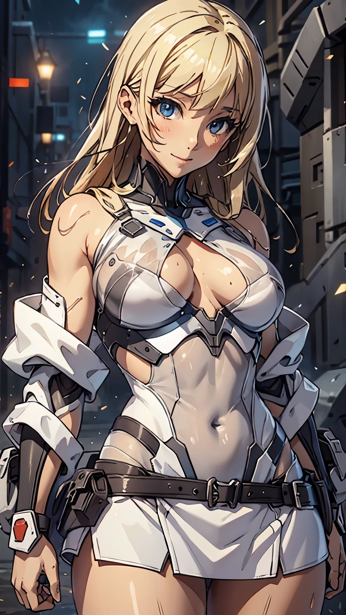 woman,20-year-old,,city,night,((white tight miniskirt bodysuit)),(Harada Makoto),open mouth smile,(((See-through))),((blonde)),long hair,wet with sweat