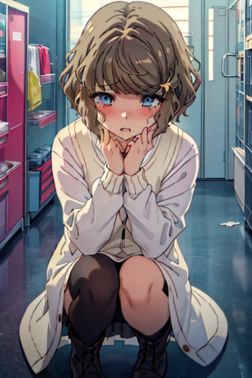 alone, {Tomoe Koga Koga Rascal doesn't dream of bunny girls:1.15}, brown hair, short hair, hair ornament, bangs, 1 girl, white long coat,sweater,mini skirt,black tights,short boots,tears run down her face,sad and crying、Crying a lot、While crying a lot, closing both eyes, Screaming loudly, Great anger, Low - Angle, While crying, look up, kneel and hands While crying on the floor, Put one hand forward,(masterpiece:1.2), highest quality, High resolution, unity 8k wallpaper, (figure:0.8), (beautiful and fine eyes:1.6), highly detailed face, perfect lighting, Very detailed CG, (perfect hands, perfect anatomy),