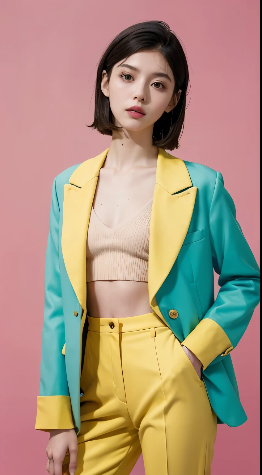 Vogue style photoshoot, Clarity, 4k, 8k, detail, actual, Beautiful Girl, wear yellow pastle blazer, inner wear, pastle pants, black lips, dark hair mullet haircut, Perfect body, thigh, stand, pose standing, medium chest, Wes Anderson style, pastle color background in Wes Anderson style