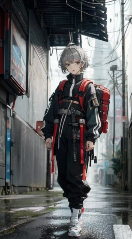 Anime - style image of a woman with a sword and a backpack, Gweiz, terrible anime 8k, wearing Japanese tech wear, artwork in the style of Gweiz, anime style 4 k, e girl, e-girl, cyberpunk streetwear, From Arknights, anime style. 8K, digital cyberpunk anime art, short gray hair, asymmetrical bangs, Insanely detailed faces and eyes, perfect lips, (full body photo), dramatic, cinematic lighting, detailed expression, small details, cyberpunk art, figure, masterpiece, drawing, anime art, In the style of Yusuke Murata.