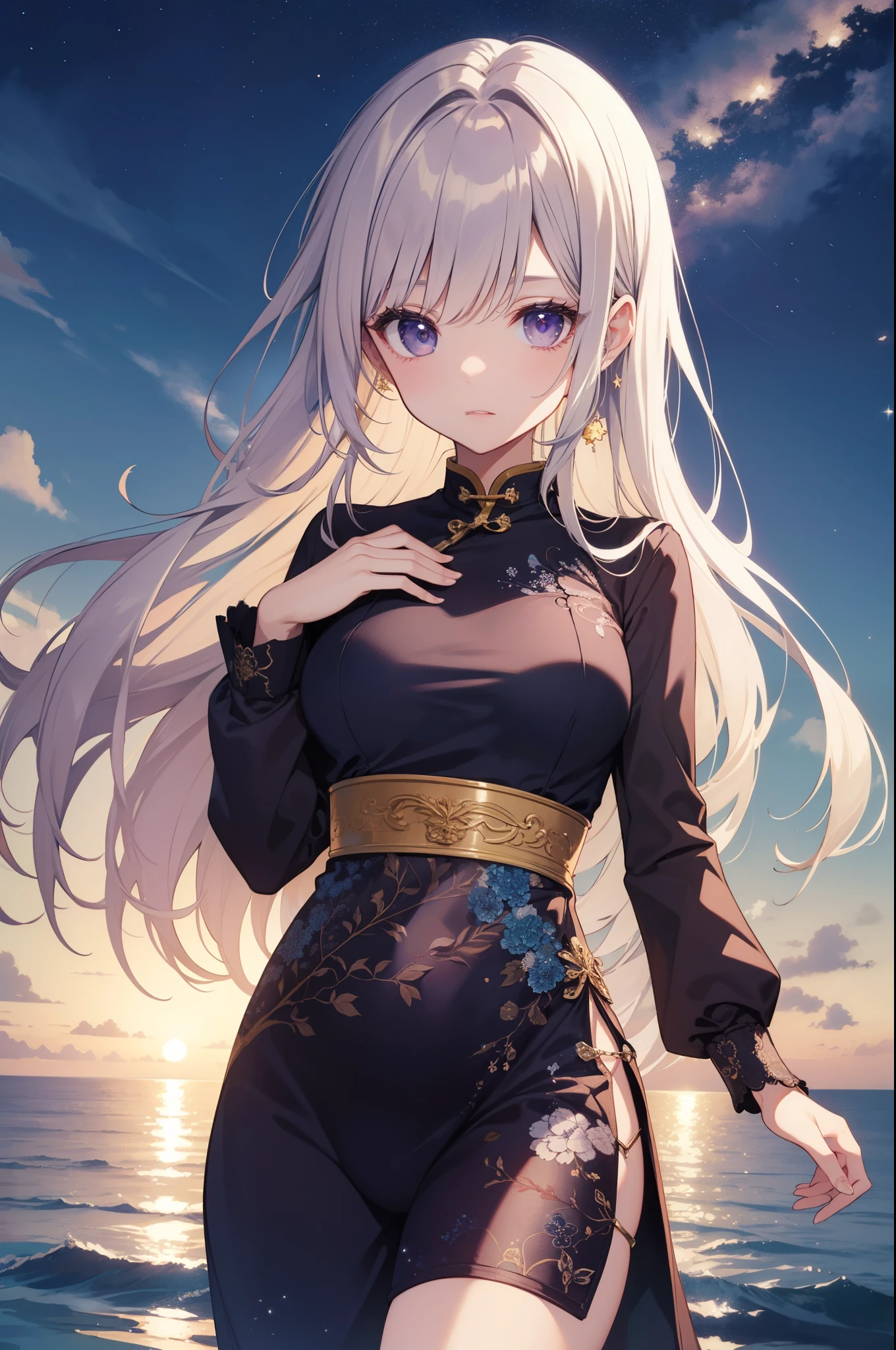 (masterpiece)、(highest quality)、((Super detailed))、(super delicate)、cute、Pastel colors hair、beautiful breasts、Gorgeous、fantastic sea of stars、Golden, silver and purple cheongsam