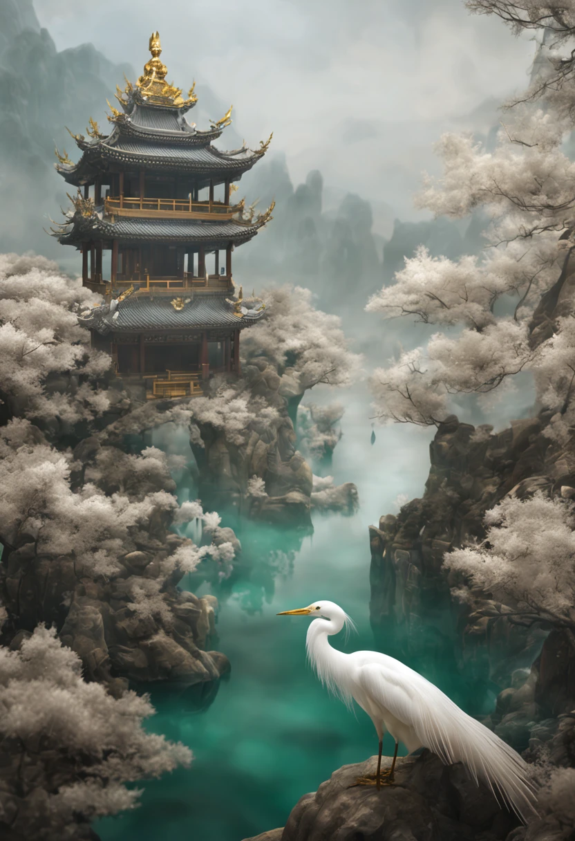 C4D,3D,3D effect,miniature landscape,Depth of field composition,,Three-dimensional landscape made of transparent jade,White jade and jade carving,Gold inlaid embellishment,artistic conception ink,Large depth of field,light painting photography,Song Huizong,egret,bailu,Cangshu,Thirty-story Chinese-style palace,