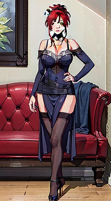 (Masterpiece, Best Quality, High Quality:1.4), professional artwork, Intricate Details, field of view, sharp focus, detailed painting, photorealistic lighting, trending on pixiv, (vivid lighting, vibrant colors:1.05), realistic shadows, ambient occlusion, by Takato Yamamoto
Marie Mamiya, mature female, milf, solo, (curvy:1.1), sitting on sofa, hand on waist, posing, intricate background, (full body shot shot:1.1),
(red hair:1.05), hair ornament, lipstick, makeup, (mole under eye:0.9), choker, ultra detail hair, ultra detail face, (yellow eyes:1.05), perfect eyes, perfect face, earrings, (seductive look, blush:1.15),
(main dress:1.2), choker, (black thighhighs:1.1), (highheels:1.2), bare shoulders, necklace,
(Large Breasts:1.15), Cleavage, big ass, thighs
