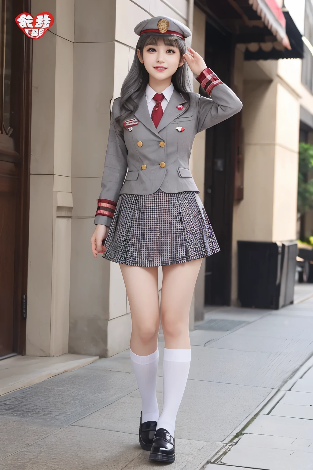 Fairy tale idol、Cute military uniform with red check、Full body Esbian、、 gray hair、military cap