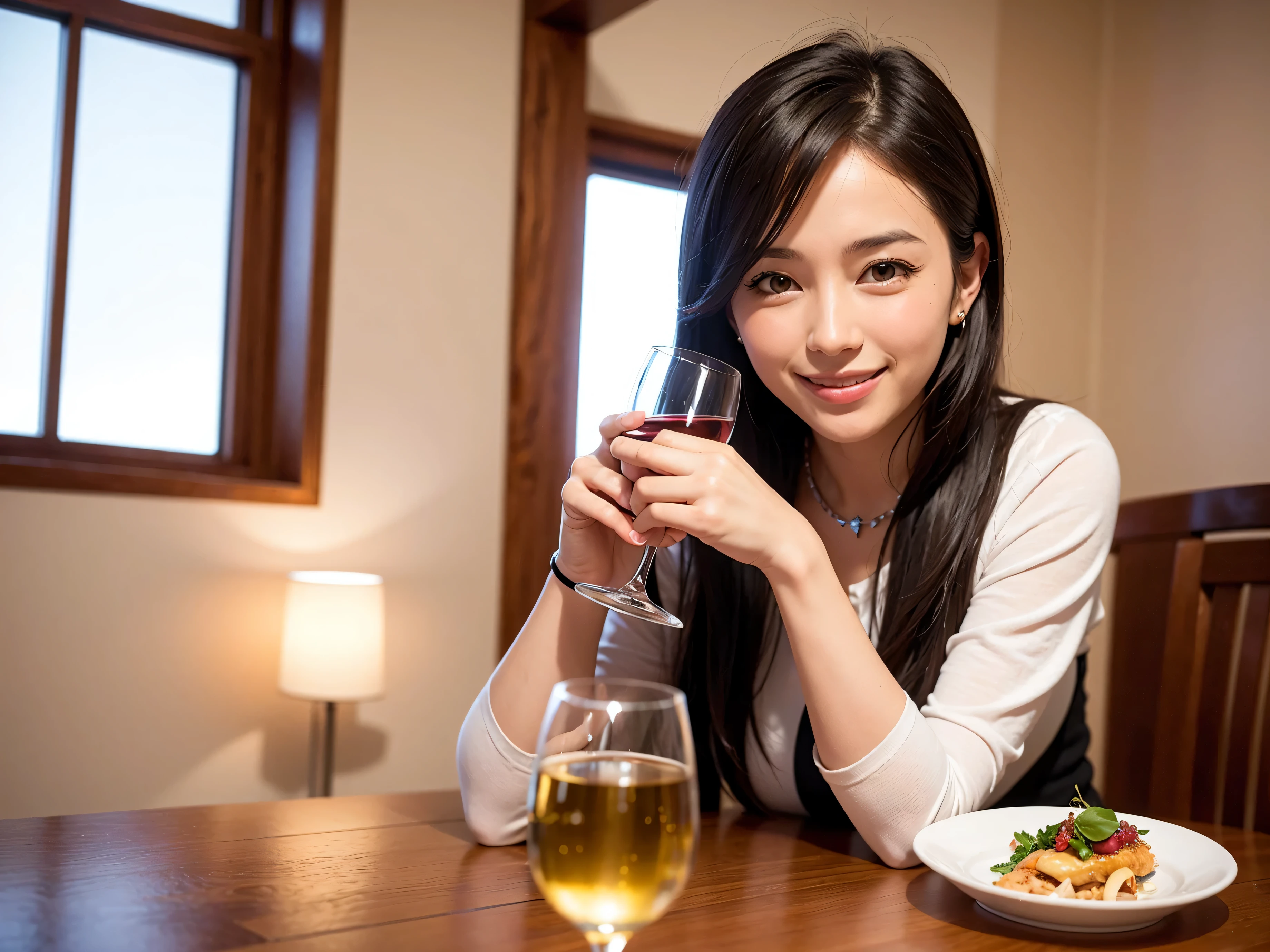 Very cute 20 year old Japanese woman, corners of mouth turned up, gentle smile, muffin top, detailed face, detailed body with nice curves, drinking wine in the living room. Late night, movie photography, Leica 50 mm prime lens, Cine Steel 800T film, art color photography