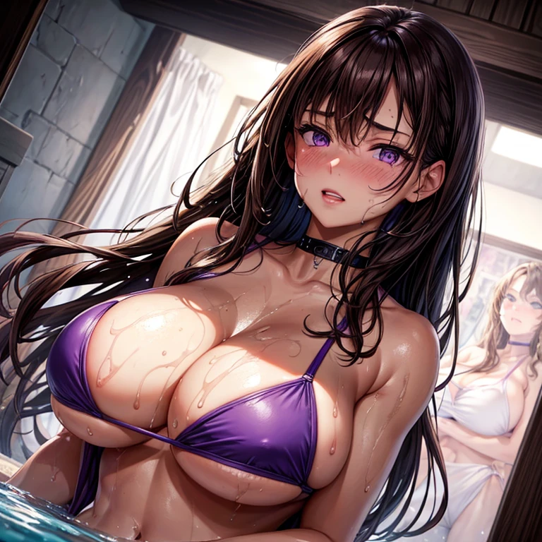 
((best quality)), ((masterpiece)), (detailed), perfect face,purple eyes , Athletic, Raped , Scared Face ,brown hair ,Wet , long hair ,Huge breasts , bikini   , blush ,holding her own breasts ,  Wet , Heating , in the dark room