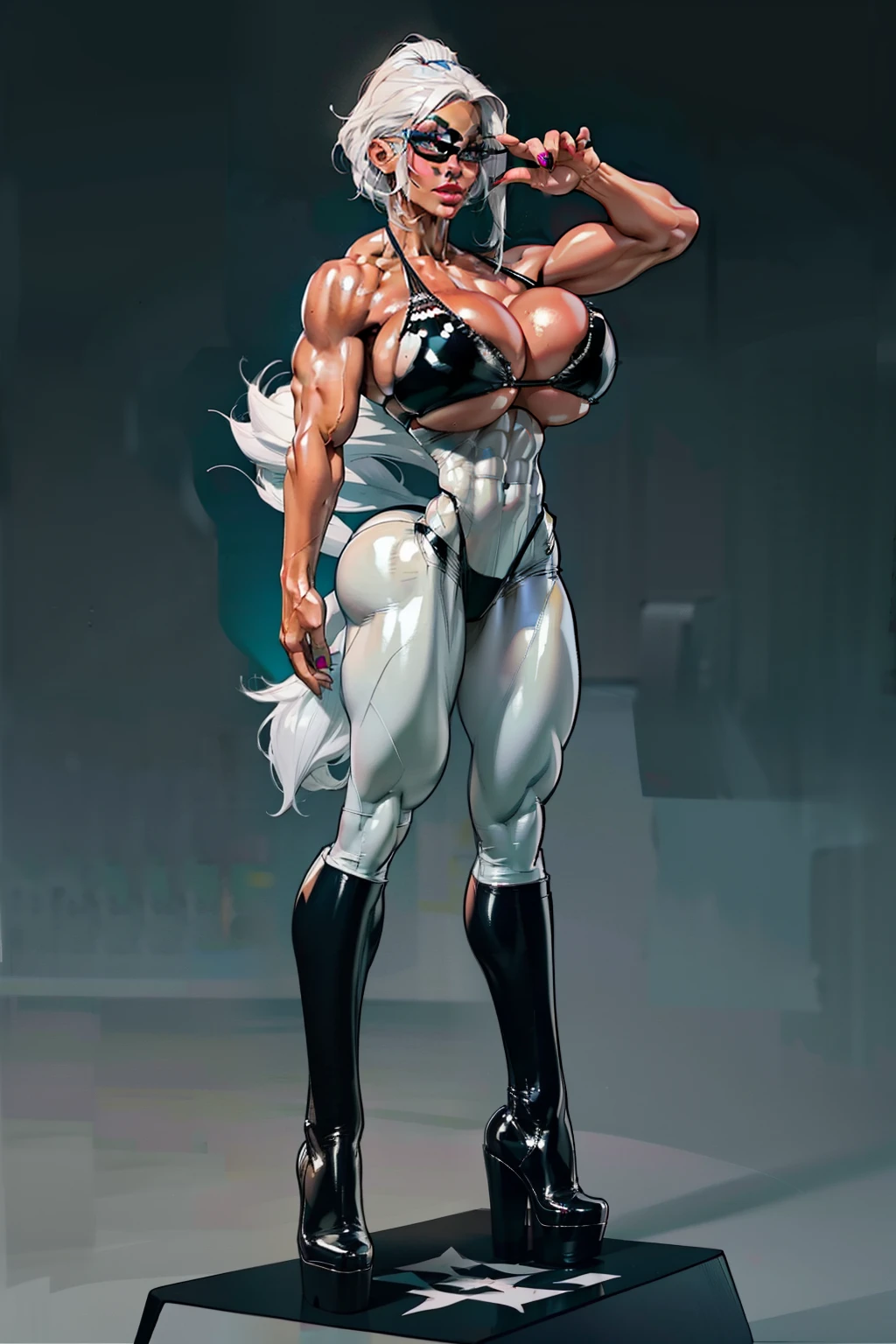  Generate an illustration of a mature Jade Cargill, ((wwe)),  silver hair ,  (black skin), de terno preto, (bikini:1.3), short hair, hair combed back, (gigantic breasts:1.3), in anime format with a serious style, (green Leggings), ((white and black bikini)), black boots, gothic make up, masterpiece, ((dark lighting)), black background, (puffy lips),((slendered abs)), beautiful face,