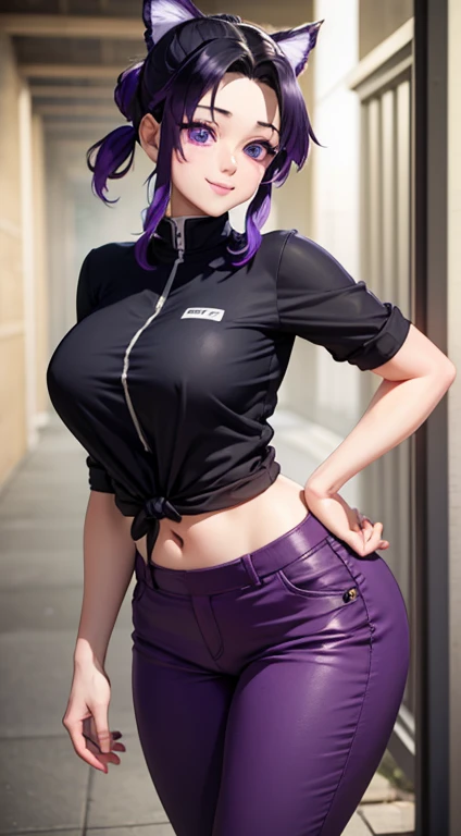 (masterpiece), best quality,purple expressive eyes, perfect face,  perfect face, massive , standing, wearing a tied t shirt and short pant, front facing,black and purple hair, thigh legs, white skin, realistic body, realistic eyes, cute smile, Shinobu Kocho from Demon slayer, public background