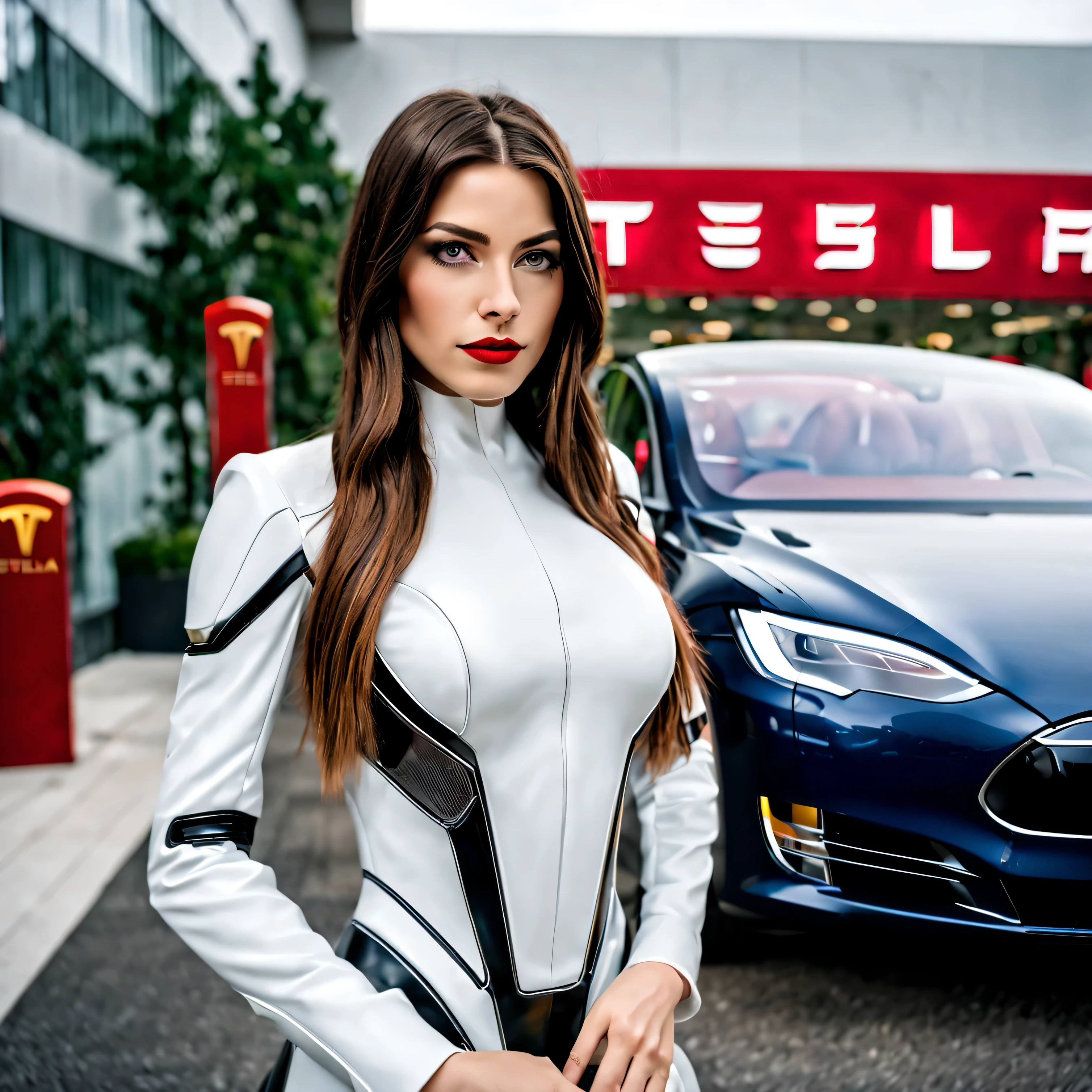 masterpiece, 1 extremely beautiful girl in a fashionable sexy Tesla outfit, at the Tesla headquarters next to a Tesla robot, the girl is 20 years old, detailed eye, brunette with blue undertones, curve cut hairstyle, top-quality, high resolution (Realistic ity: 1.4) tall ( 5 ft 9), skinny, fit, tanned, beautiful hands, long legs, tanned, detailed blue eyes, cinematic lighting, european beauty, italian, super beauty, beautiful skin, (A hyper-realistic). (8K). (detailed). (beautifully detailed eyes), (ultra-detailliert), (wall-) (Natural smile), beautiful white teeth, very beautiful hair. A detailed face, bright lighting, professional lighting. (The costume fashionable sexy Tesla outfit, at the Tesla headquarters next to a Tesla robot). Extremely realistic photo. (((photorealistic))). ((( ffashionable sexy Tesla outfit, at the Tesla headquarters next to a Tesla robot in a Tesla environment))). detailed hands. each hand has 5 digits, the digits have to be as long as a digit should be. each digit needs to have a nail. (((fit girl))). ((( fashionable sexy McDonalds outfit ))). 35mm, F/2.8, insanely detailed and intricate, character, hypermaximalist, elegant, ornate, beautiful, revealing, appealing, attractive, hyper-realistic, super detailed, popular on Flickr. 35mm
