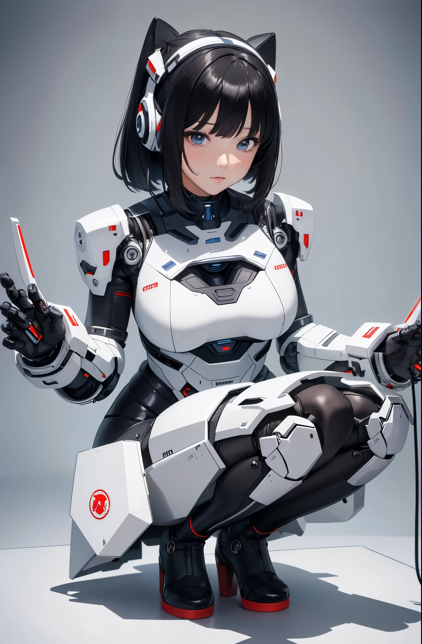 masterpiece, best quality, extremely detailed, (8K, 4K, Best Quality, hight resolution, 超A high resolution:1.1), Japanese android woman,Plump , announcer,control panels,activate,Squat,android,droid,Mechanical Hand,Robot arms and legs, Black Robot Parts,black hair,darkblack knee high socks,black sponge joints,blunt bangs,white robot body,ceramic body,leather boots,perfect cyborg girl