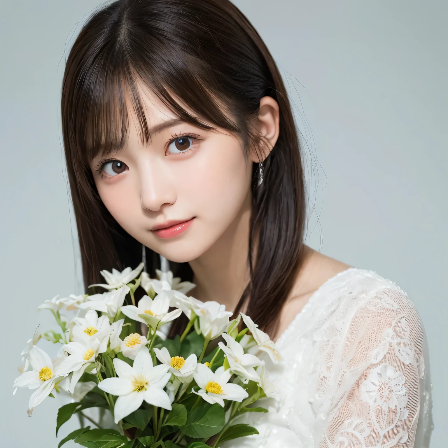 Smile、night、original photography、(((ultimate beauty portrait)))、((sparkling skin))、1 girl、24 year old beautiful girl from Prague、bright expression、((brown hair))、((Big eyes sparkling like gems))、、pantyhose、Glowing and radiant skin、(medium hair)、(silk ponytail)、(standing)、(from below)、under skirt、(from below看内衣的特写)、Eyeliner、beautiful bangs、hair between eyes、((masterpiece、top quality、Super detailed、movie light、intricate details、high resolution、Very detailed))、background for this、8 kood、digital SLR、soft light、high quality、film grain、富士XT3 、shallow view deep、natural soft light、Kamimei、Above the legs、whole body、 Rear view、Holding a bouquet of flowers