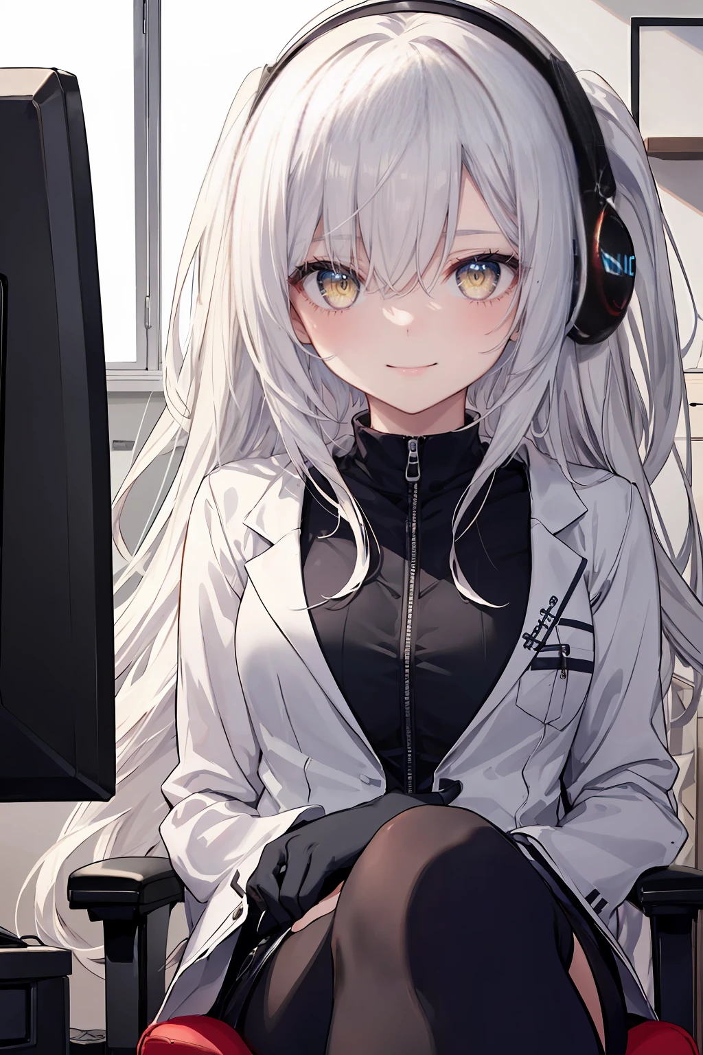 ((8Kmasterpiece,highest quality)), ultra high resolution, (masterpiece: 1.4), hyper detail, (((1 girl))),(),beautiful and delicate eyes,(yellow eyes),Big eyes,shining eyes of light,Thin and long eyelashes,detailed light,beautiful face,((silver hair)),((long hair)),In a white suit,Black high-cut boots,DTM,PC,(Composing music),keyboard,(guitar),((Gaming Room)),sitting cross-legged on a gaming chair,fearless smile,looking at the viewer, slender body chest,(very big )