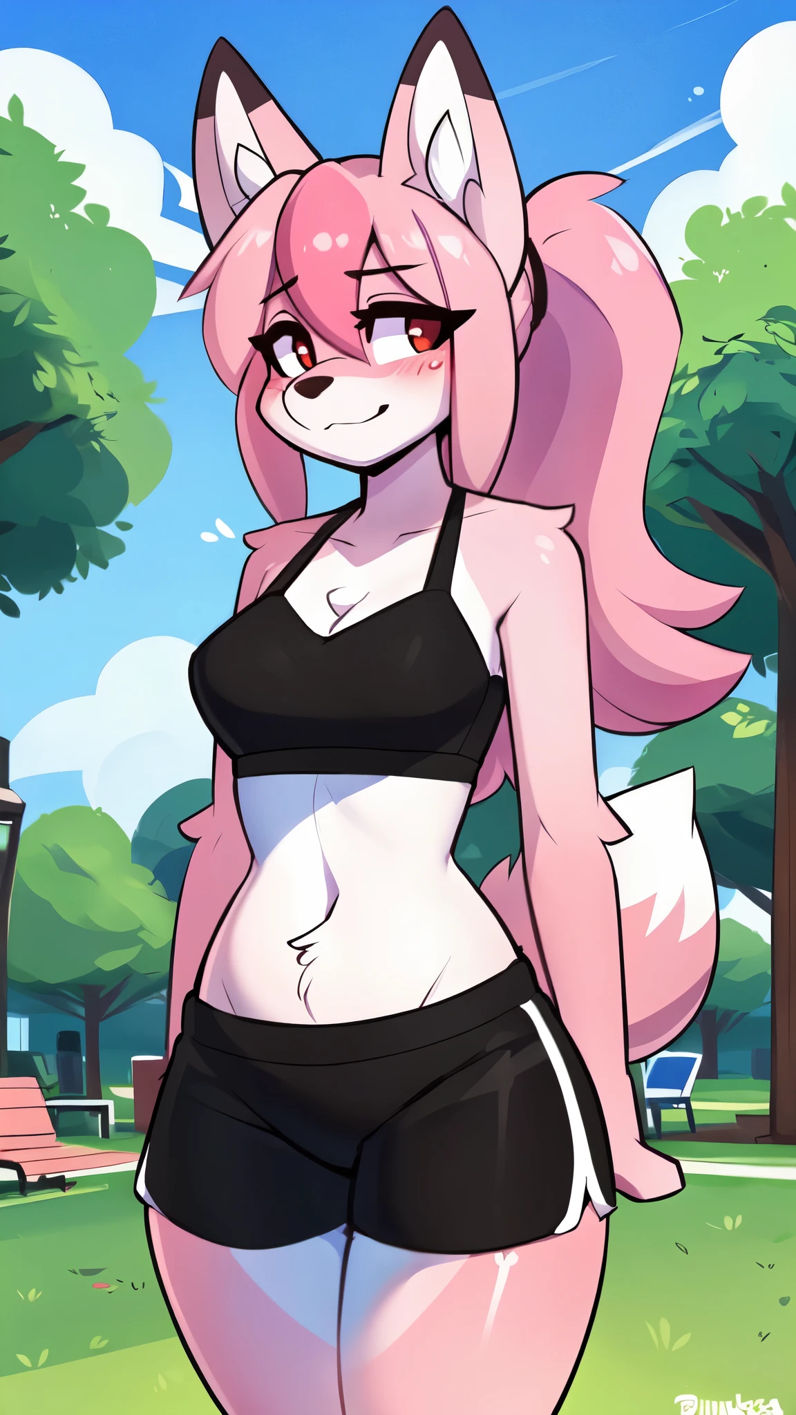 (by wamudraws, by burgerkiss, by teranen, by freeedon, by Kilinah, by Coffeesoda, by Hioshiru, by Kilinah), Furry, Nazuna_hiwatashi, Anthro, Female, Solo, standing, Mocking Look, (half-closed eyes), Pink Hair, Pink Tail, (black sport bra, sexy sport shorts), (red eyes), (looking at the viewer), (medium breasts, hips), (fox), sunny day, (public park), (pink body, two-tone fur), (blushing, sweatin), (ponytail hair)