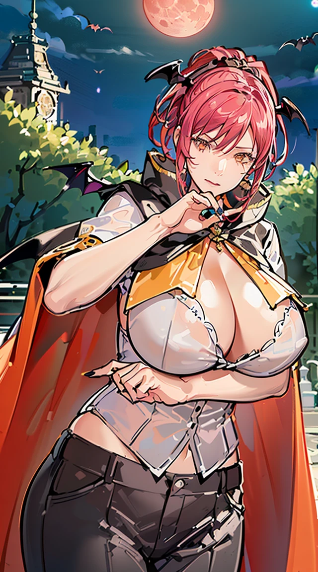(8k, best quality, tmasterpiece:1.2),\(eye detailed\),\(Facial features\),(\(Clothes detail details\)\),(huge tit),(Facial focus) ,Very detailed CG unity 8K wallpaper,hugefilesize,ultra - detailed,A high resolution,absurderes,beautidful eyes,Ray traching,dramatic shadow,finely detailled,Dramatic angles,Hyper-detailing,(1 girl:1.3),(Solo),Mature female,white hair,red eyes,single braids ponytail, a matural female, thick thight, busty figure,Vampires,(paleskin:1.4),(Slender and sharp red manicure:1.4),(Black cape:1.3)+(The skeleton of the bat's wings supports the cloak:1.3),(White shirt:1.3),(Equestrian trousers:1.3),(//British aristocratic style clothing design:1.5//),(//Background with(English garden,deep in the night,Red moonlight,moon full):1.5//)
