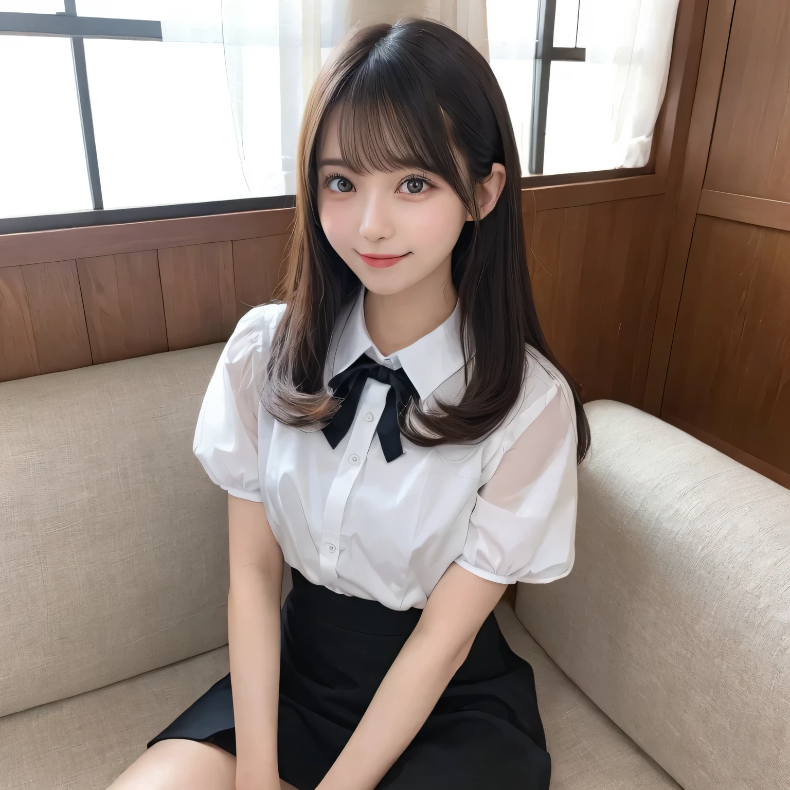 on the table, best quality, illustration, Super detailed, fine details, high resolution, 8k wallpaper, Perfect dynamic composition, Beautiful and delicate eyes,whole body摄影,show your whole body、collared shirt、mini skirt,thin and transparent、long gray hair, Bold sexy pose,Smile,Harajuku、20 year old girl、Eyeliner、beautiful bangs、hair between eyes、((masterpiece、top quality、Super detailed、movie light、intricate details、high resolution、Very detailed))、background for this、8 kood、digital SLR、soft light、high quality、film grain、富士XT3 、shallow view deep、natural soft light、Kamimei、See the knees, set on sofa,Look at the sexy shots of the lens、Above the legs、whole body、Vest、suit、 铅笔mini skirt、Holding a bouquet of flowers、side view