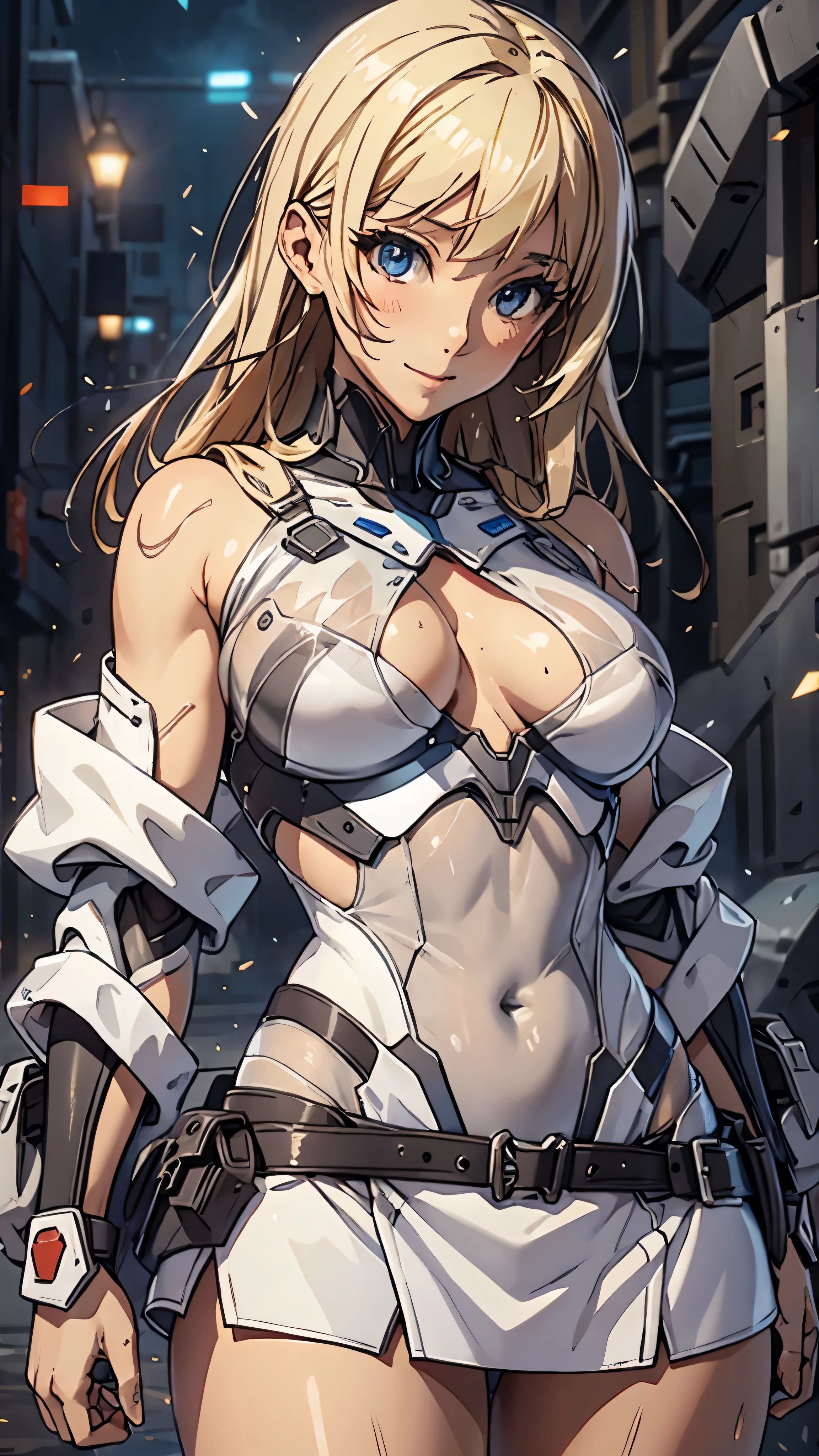 woman,20-year-old,,city,night,((white tight miniskirt bodysuit)),(Harada Makoto),open mouth smile,(((See-through))),((blonde)),long hair,wet with sweat