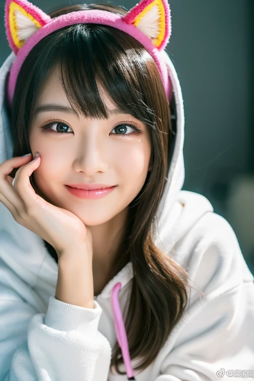 masterpiece, highest quality, 8K, super dense skin, perfect anatomy,Upper body, hot, cute, 1 girl, colorful short hair,straight hair,oily shiny skin,colorful hoodie,cat ear headband,on the bed,18-year-old,on the bed,cross your legs,looking at the viewer,sharp focus,center the focus,devilish smile,double eyelid,detailed face,smooth skin,highly detailed eyes,Excited,detailed description,sexy pose