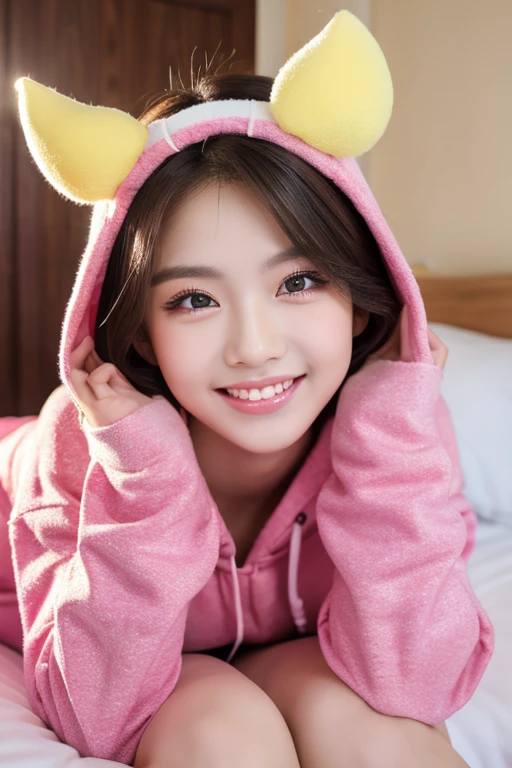 masterpiece, highest quality, 8K, super dense skin, perfect anatomy,Upper body, hot, cute, 1 girl, colorful short hair,straight hair,oily shiny skin,colorful hoodie,cat ear headband,on the bed,18-year-old,on the bed,cross your legs,looking at the viewer,sharp focus,center the focus,devilish smile,double eyelid,detailed face,smooth skin,highly detailed eyes,Excited,detailed description,sexy pose