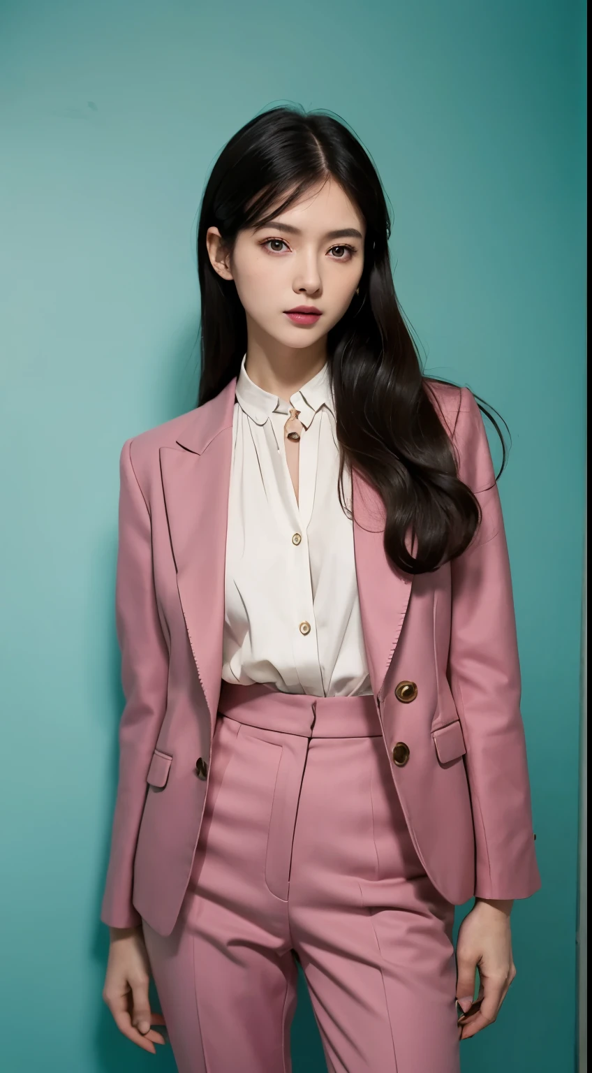 Vogue style photoshoot, Clarity, 4k, 8k, detail, actual, Beautiful Girl, wear dark pastle blazer, inner wear, pastle pants, black lips, dark long hair mullet haircut, Perfect body, thigh, stand, pose standing, medium chest, Wes Anderson style, pastle color background in Wes Anderson style