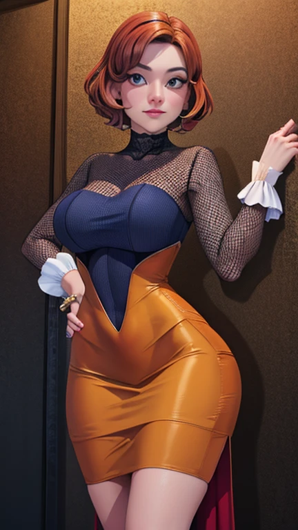 8K, (best quality:1.3), (masterpiece:1.3), (detailed:1.2), distinct image, (Cowboy shot), BREAK Solo, looking at viewer, Voluptuous body, Layered Cut Golden Auburn hairs, Mahogany eyes, Mesh Sleeve Bodycon Dress natural volumetric lighting, Artistic Background ((((standing upright))))