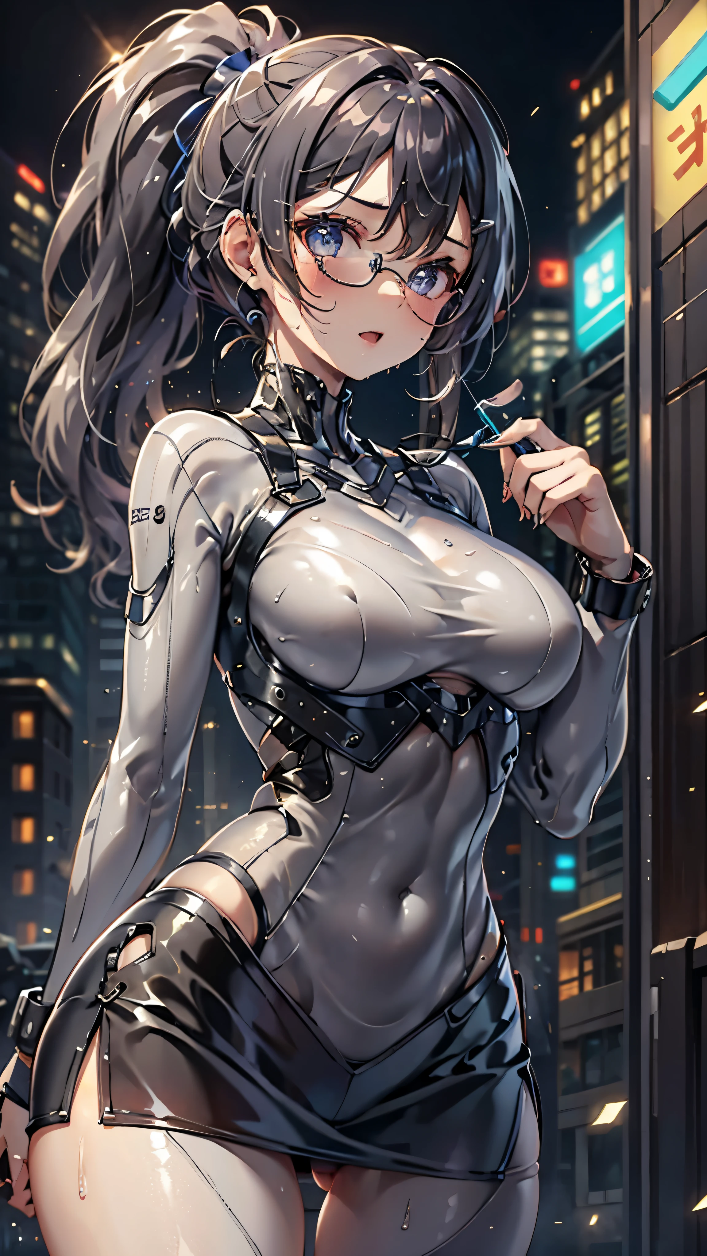 woman,,,city,night,(((white tight miniskirt bodysuit))),(wet with sweat),open mouth smile((See-through))Glasses,((Beautiful long ponytail)),((baby girl bo)