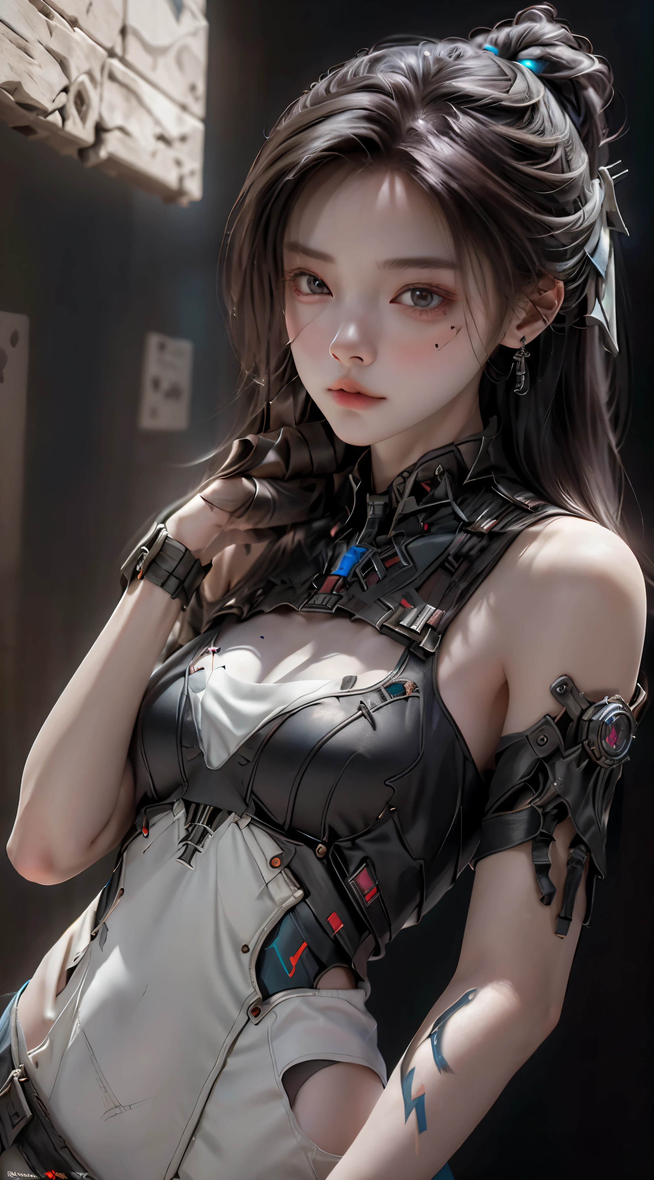 ((highest quality)), ((masterpiece)), (be familiar with:1.4), 。.。.。.3D, beautiful cyberpunk woman image,nffsw(high dynamic range),ray tracing,NVIDIA RTX,super resolution,unreal 5,scattered below the surface,PBR texturing,Post-processing,anisotropic filtering,written boundary depth,maximum clarity and sharpness,multilayer texture,Albedo and specular maps,surface shading,Accurate simulation of light-matter interactions,perfect proportions,octane rendering,two-tone lighting,wide aperture,Low ISO、White balance、Rule of thirds、8,000 students、((Holding an assault rifle))