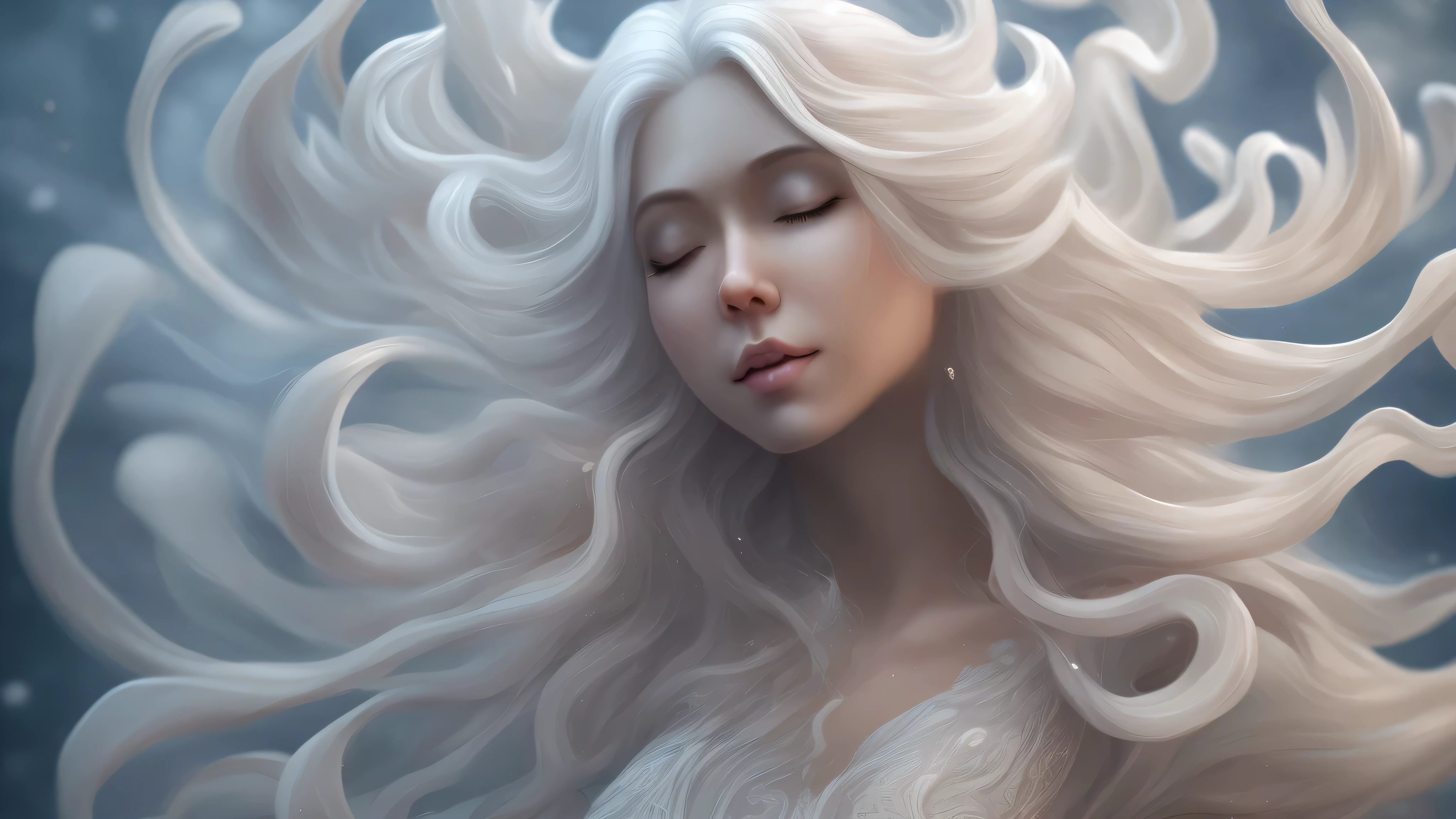 there is a woman，white hair，wearing white dress, white hair floating in the air, Flowing white hair, Beautiful fantasy art portrait, Detail of long white hair, complex wlop, flowing hair, white hair girl, Beautiful fantasy portrait, long Flowing white hair, 发光flowing hair, Water magic close-up fantasy, Detailed matte fantasy portrait, Baiyun long hair
