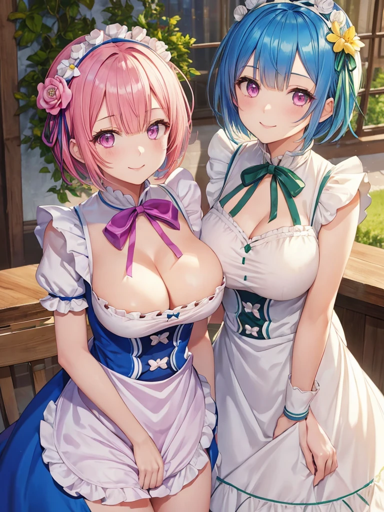 (masterpiece, highest quality),Re:zero, 2 girls(one person: blue hair, short hair, bangs, Green and yellow eyes),(もうone person:pink hair,short hair,pink eyes) , hair between eyes, hair ornaments, maid headdress, hair flower, side lock, Big, neck ribbon, cleavage cutout, side boob, naked apron, looking at the viewer, dynamic pose, smile,happiness,low length,