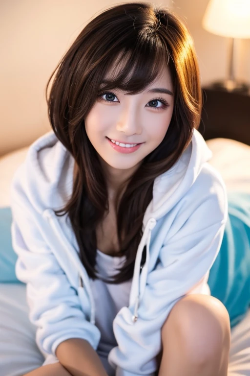 masterpiece, highest quality, 8K, super dense skin, perfect anatomy,Upper body,cute, korean woman,1 girl, colorful short hair,straight hair,oily shiny skin,colorful hoodie,on the bed,18-year-old,on the bed,cross your legs,looking at the viewer,sharp focus,center the focus,devilish smile,double eyelid,detailed face,smooth skin,highly detailed eyes,Excited,detailed description,sexy pose