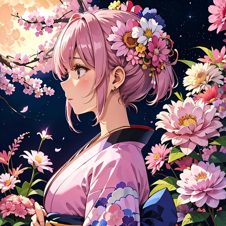 huge moon、1 girl, alone, short hair, headphones, jewelry, kimono, Upper body, flower, Mauve hair, hair flower, necklace,, profile, pink flower, blue flower, abstract, 鮮やかはflower、flowerが舞う、リアルなflower