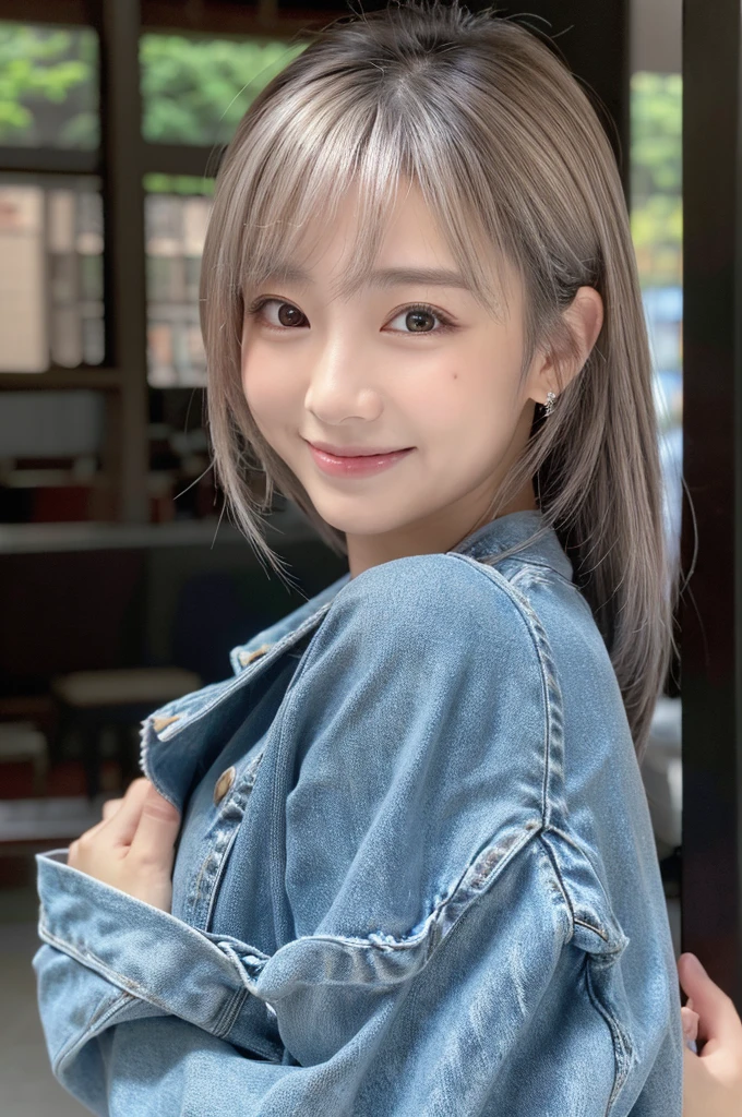 室内,キッチン,Happy Valentine's Day!,エプロン,denim skirt,Chef,バレンタインにプレゼントするチョコレートを作っている,medium shot,1girl,full body,standing,Ultra-realistic capture, Highly detailed, High resolution 16k close-up of human skin. Skin texture must be natural, With such detail that pores can be finely identified. Skin should look healthy, In a uniform tone. Use natural light and color,medium breasts,(最高品質,4K,8K,高解像度,テーブルトップ:1.2),超詳細な,((silver hair)),smiling