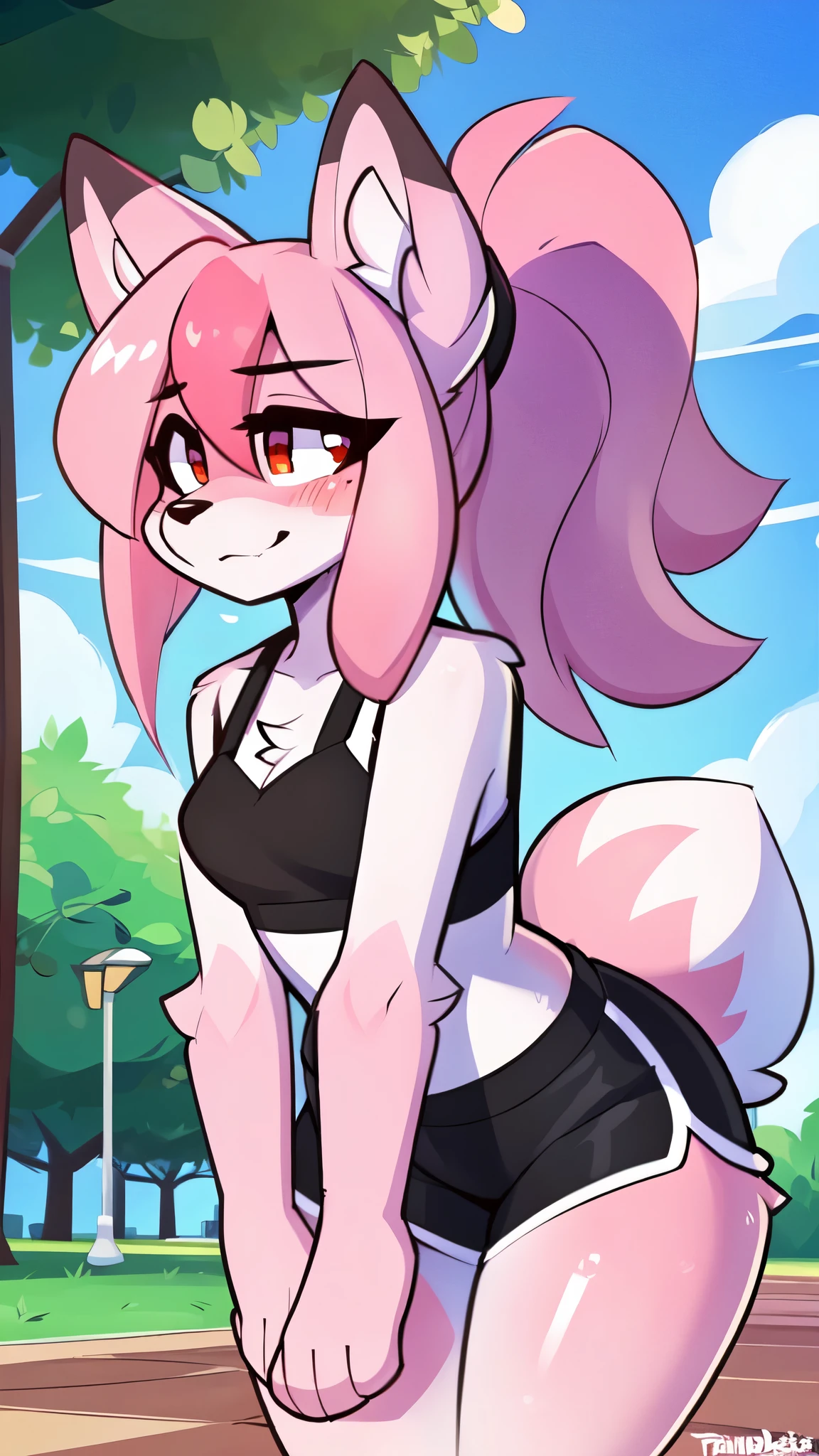 (by wamudraws, by burgerkiss, by teranen, by freeedon, by Kilinah, by Coffeesoda, by Hioshiru, by Kilinah), Furry, Nazuna_hiwatashi, Anthro, Female, Solo, standing, Mocking Look, (half-closed eyes), Pink Hair, Pink Tail, (black sport bra, sexy sport shorts), (red eyes), (looking at the viewer), (medium breasts, hips), (fox), sunny day, (public park), (pink body, two-tone fur), (blushing, sweatin), (ponytail hair), (bent over)