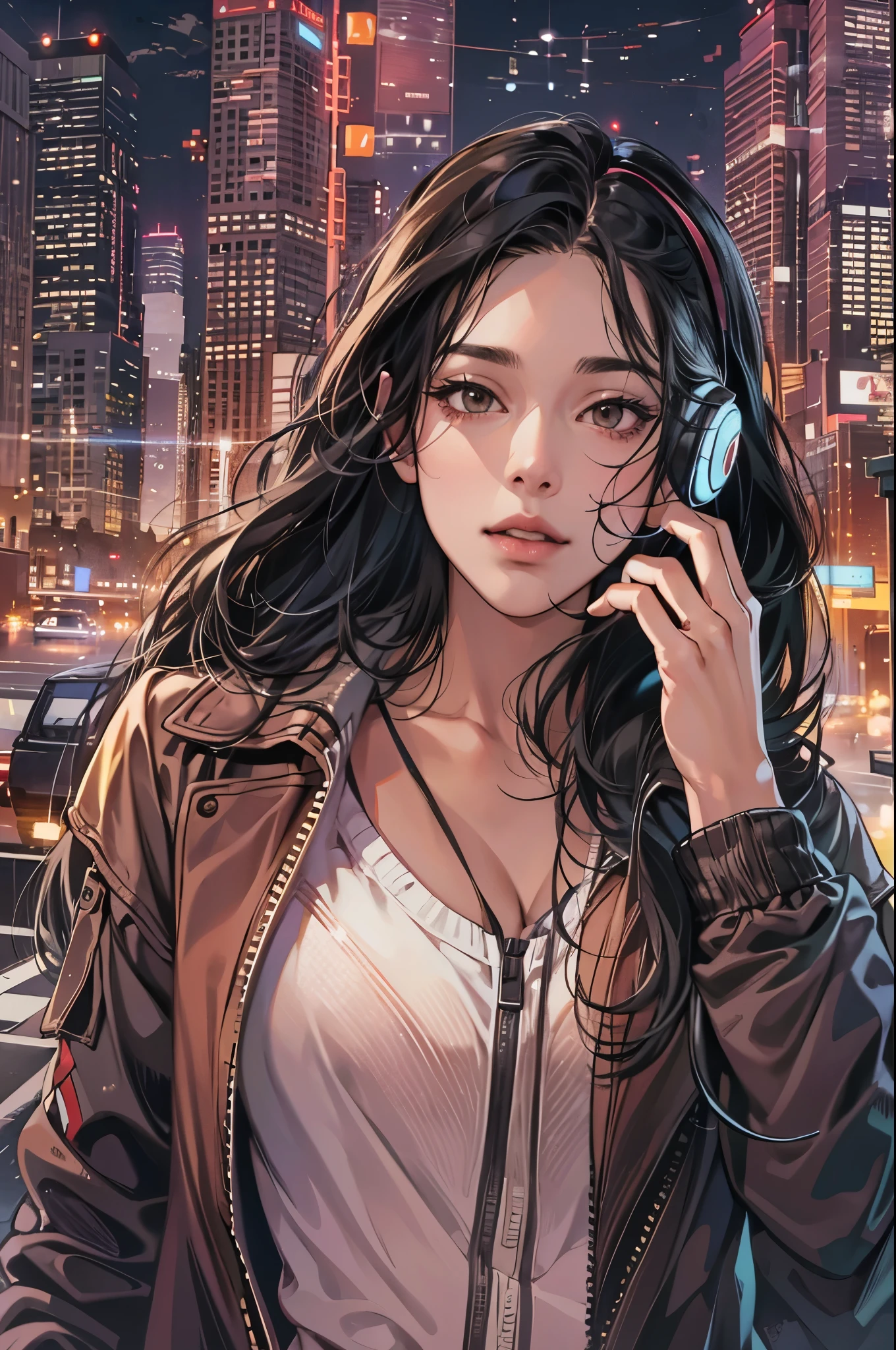 (absurdres, highres, ultra detailed, realistic, ), 1 girl, solo, elegance, long black hair, brown eyes, earphone,night city background, ultra - detailed, best quality, Detailed diagram, vectorized, 8K, Graphic design, vector lines, Full-HD
