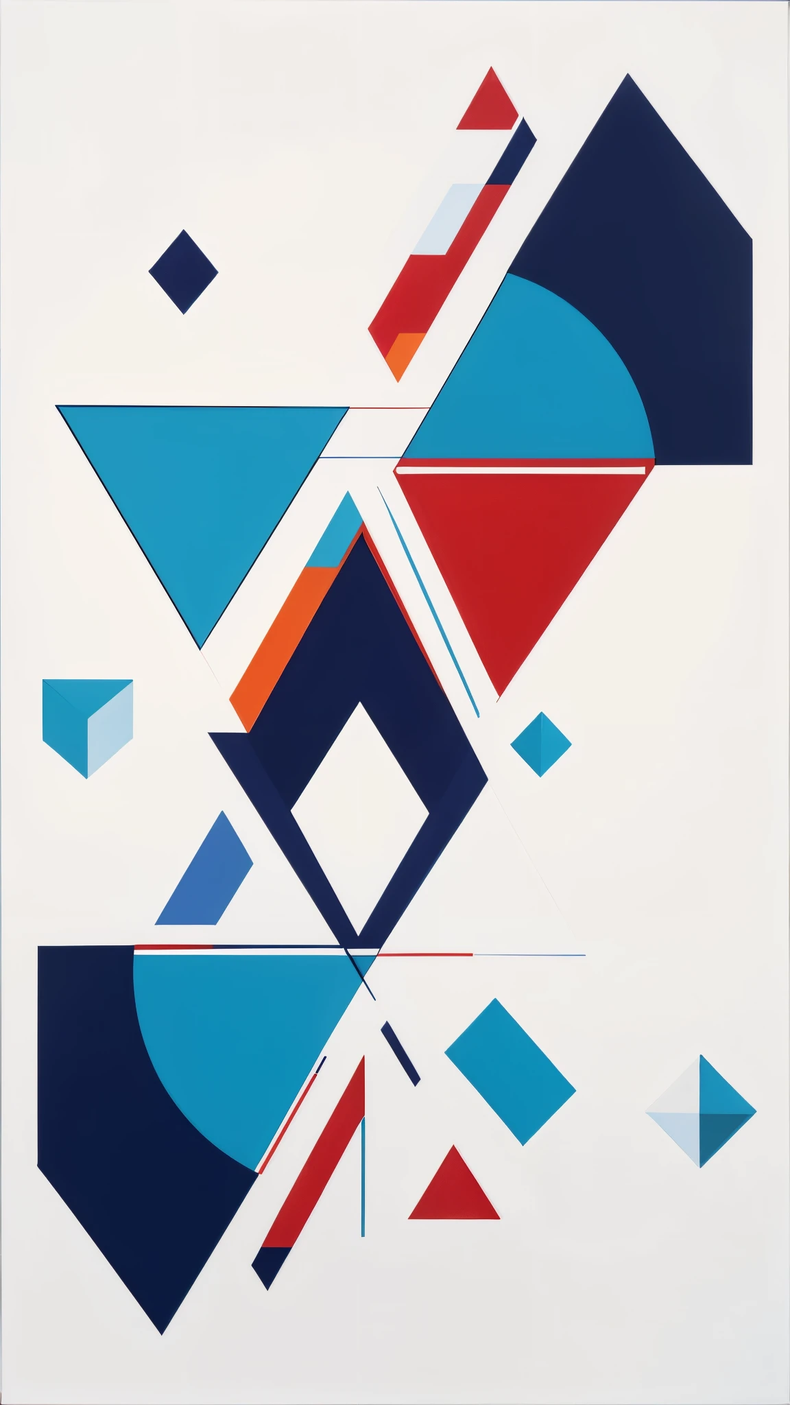 Abstract painting with vibrant colors and geometric shapes. (((White background))). It features a mix of red, white and blue colors. The composition includes a diamond shape at the top, with smaller triangles and squares. There are also some circles and lines interplaying with the shapes.