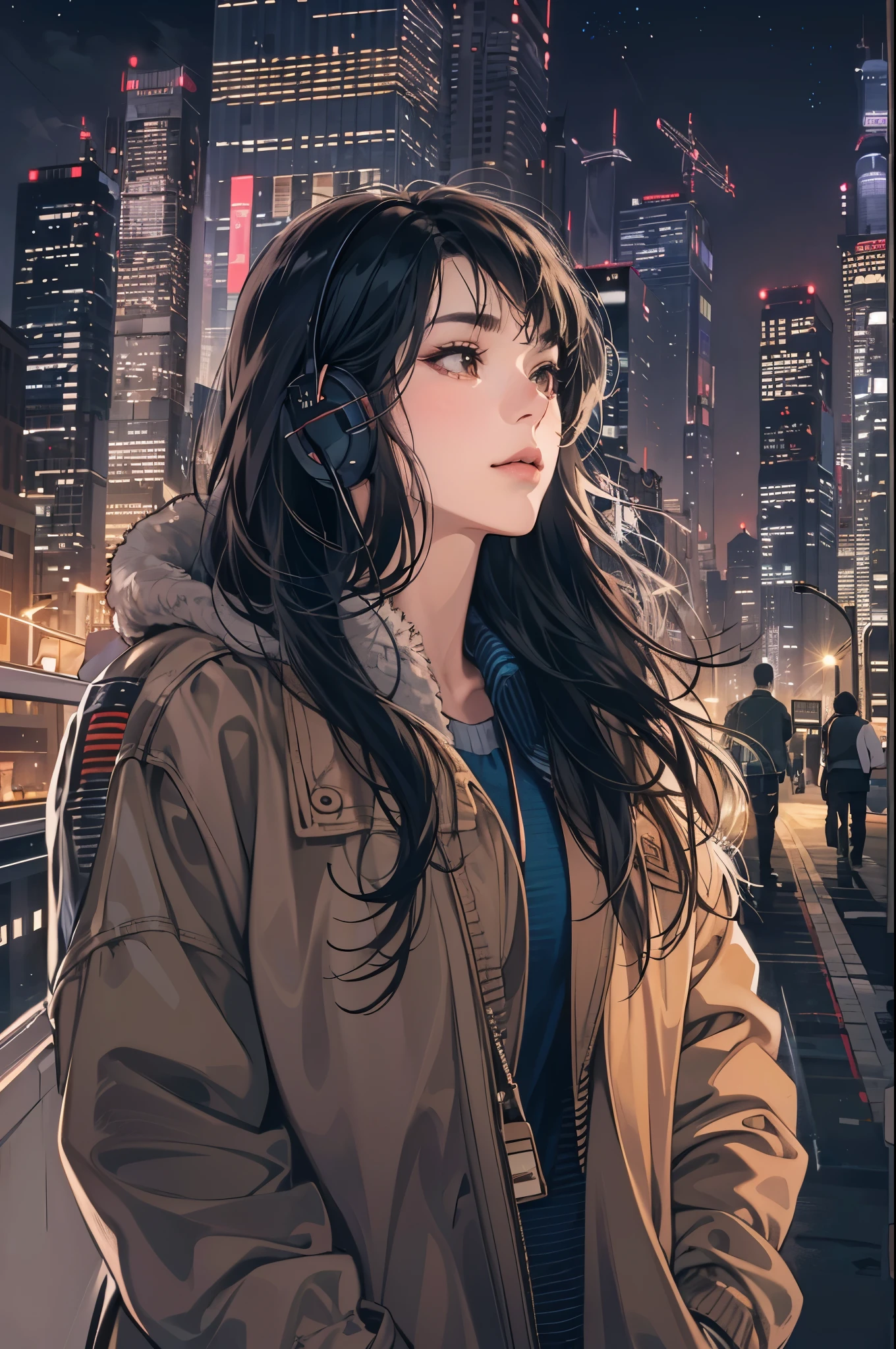(absurdres, highres, ultra detailed, realistic, ), 1 girl, solo, elegance, long black hair, brown eyes, earphone,night city background, ultra - detailed, best quality, Detailed diagram, vectorized, 8K, Graphic design, vector lines, Full-HD