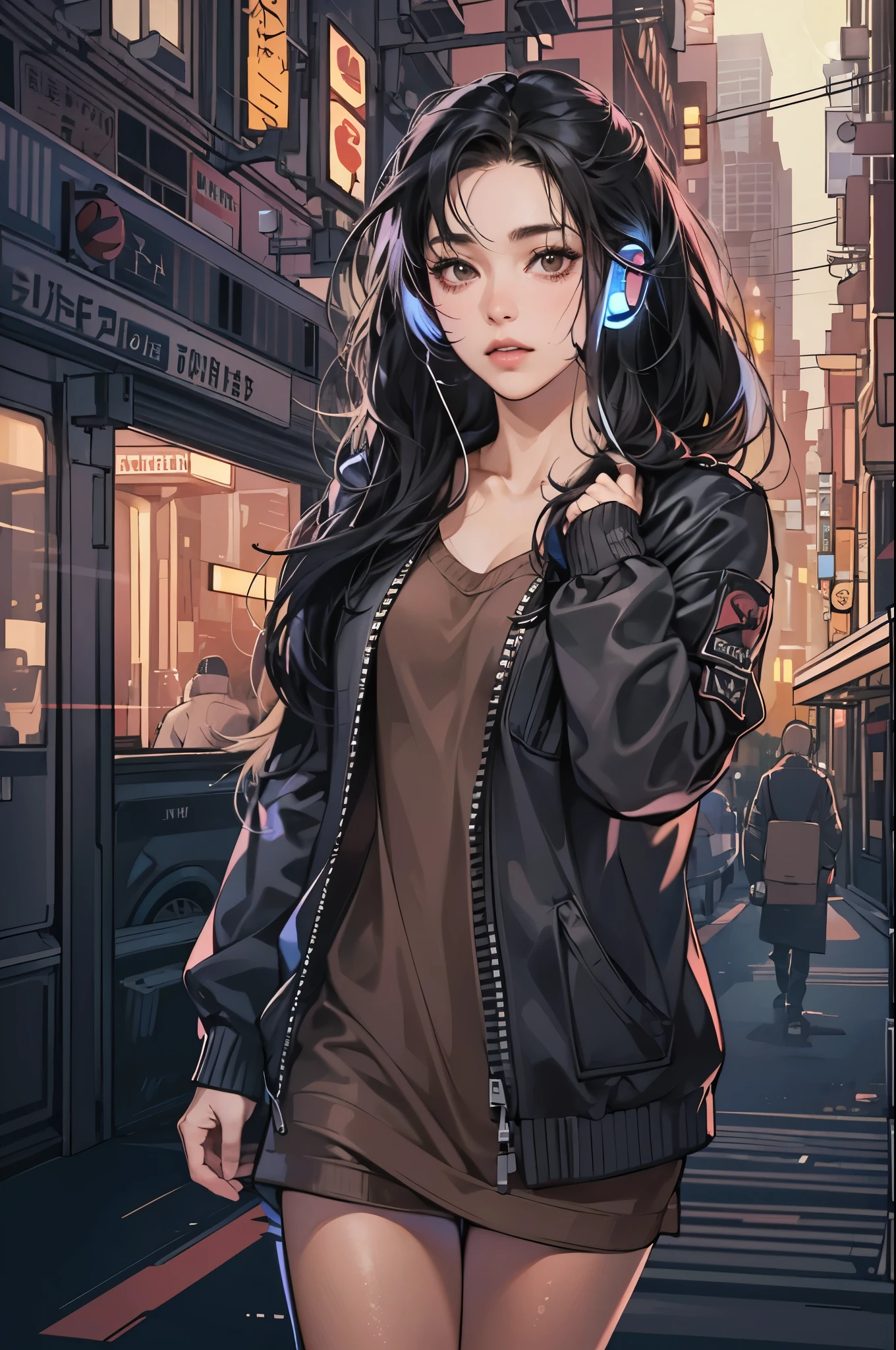 (absurdres, highres, ultra detailed, realistic, ), 1 girl, solo, elegance, long black hair, brown eyes, earphone,night city background, ultra - detailed, best quality, Detailed diagram, vectorized, 8K, Graphic design, vector lines, Full-HD