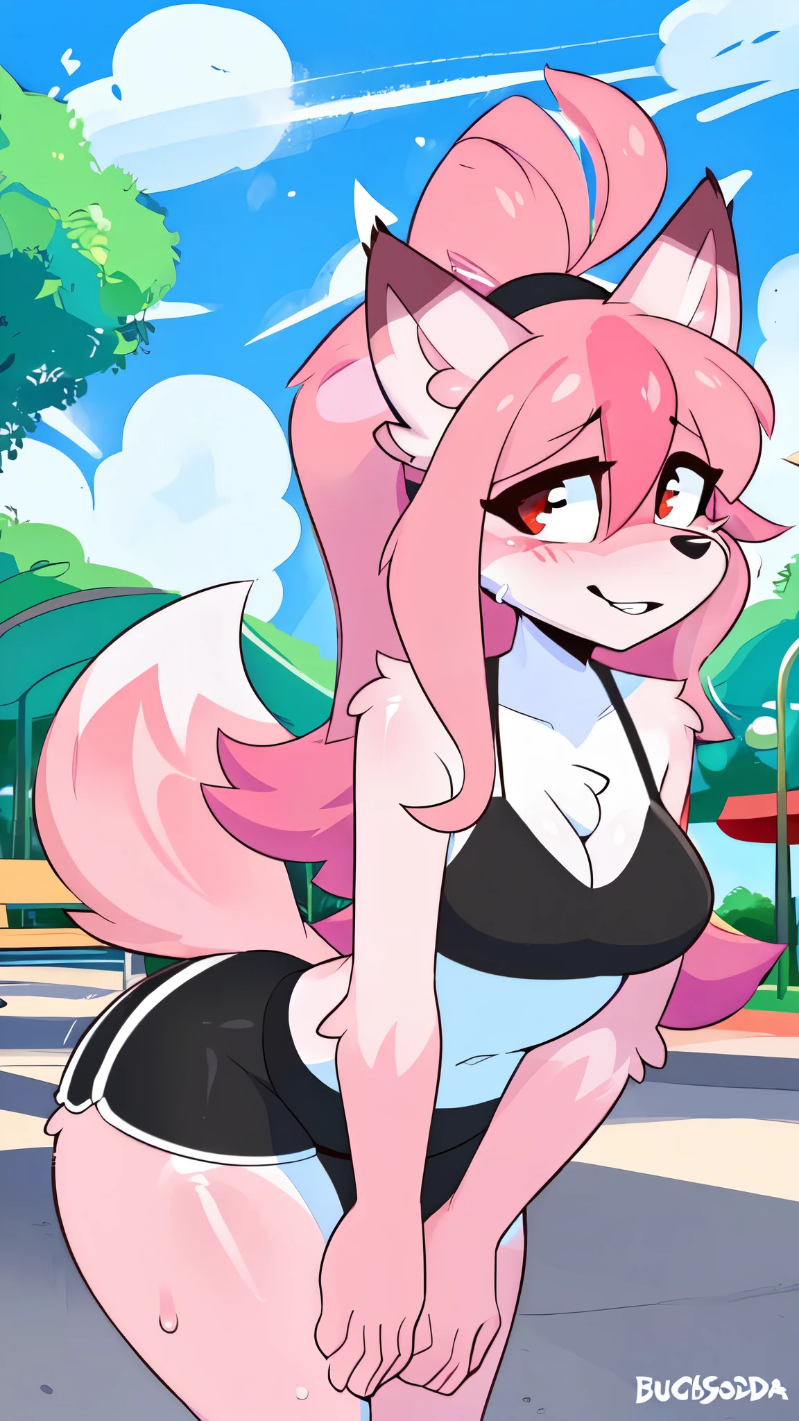 (by wamudraws, by burgerkiss, by teranen, by freeedon, by Kilinah, by Coffeesoda, by Hioshiru, by Kilinah), Furry, Nazuna_hiwatashi, Anthro, Female, Solo, standing, Mocking Look, (half-closed eyes), Pink Hair, Pink Tail, (black sport bra, sexy sport shorts), (red eyes), (looking at the viewer), (medium breasts, hips), (fox), sunny day, (public park), (pink body, two-tone fur), (blushing, sweatin), (ponytail hair), (bent over)