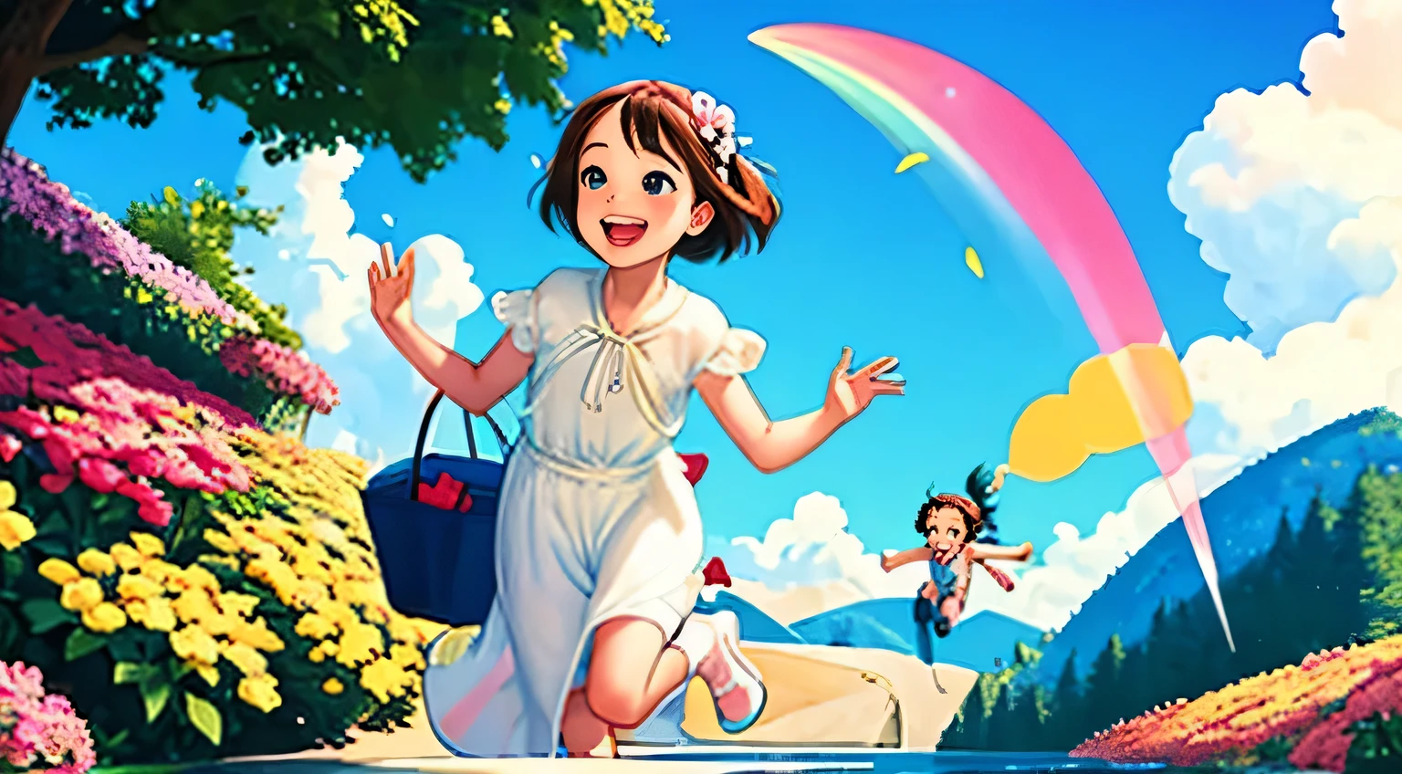 Knight and Arya, Two small children, I accidentally discovered an amazing rainbow tree in a corner of the town. They opened their eyes with excitement, as they run towards the tree，Their mouths opened in awe. The bright rainbow-colored fruits on the tree shine with a magical light, Create a fairytale atmosphere. This high definition image captures the pure joy and wonder of discovery, Making it the perfect choice for projects that celebrate the beauty of nature and the innocence of childhood.