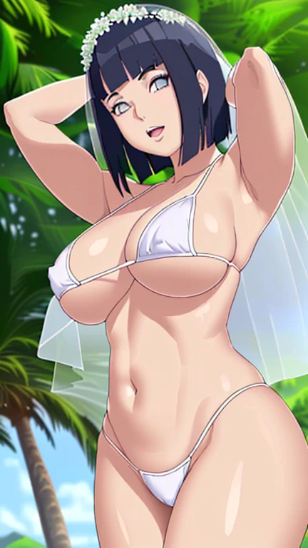(WALLPAPER, masterpiece, 4k, anime style:1.9, ( detailed beach background, cowboy shot, looking at viewer, big breasts, big giant breast, open mouth, high color saturation, bold lines, bold drawing lines, (strong arms, flat belly, groin), detailed bold arm lines), (strong arms, thick arms), strong light on body, plain, bare body, (large breasts, perky boonimum clothing, taking off shirt, bare shoulders, off-shoulders, bare chest, polished nails, seductive, (very tight plain white micro bikini, wedding veil, white flower wedding crown), no shirt, showing off), hinata\(boruto\), mature female, sunbathing, milf, (curvy:0.8), solo, (short hair, hime cut), (dark blue hair color:1.1), white, flat belly, perfect eyes, white sciera, white eyes, anime eyes, smoky eyeliner, eyeshadow, perfect face, shy, sharp focus, professional artwork, intricate details, colorful, vibrant colors, vivid colors, digital blending, ultra detailed body, ultra detail hair, ultra detail face, trending on pixiv, smile, happy, very hot colors, sunny day, outdoor,