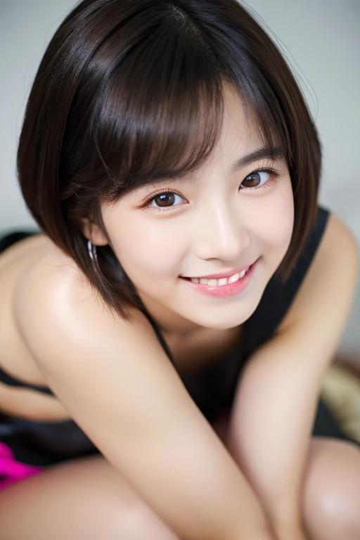 masterpiece, highest quality, 8K, super dense skin, perfect anatomy,Upper body,cute, korean woman,1 girl, colorful short hair,straight hair,oily shiny skin,black dress,korean woman,young adorable korean face, Portrait of a Korean female idol, popular korean makeup, popular korean makeup, Korean facial features, korean girl, 18-year-old,on the bed,cross your legs,looking at the viewer,sharp focus,center the focus,devilish smile,double eyelid,detailed face,smooth skin,highly detailed eyes,Excited,detailed description,sexy pose